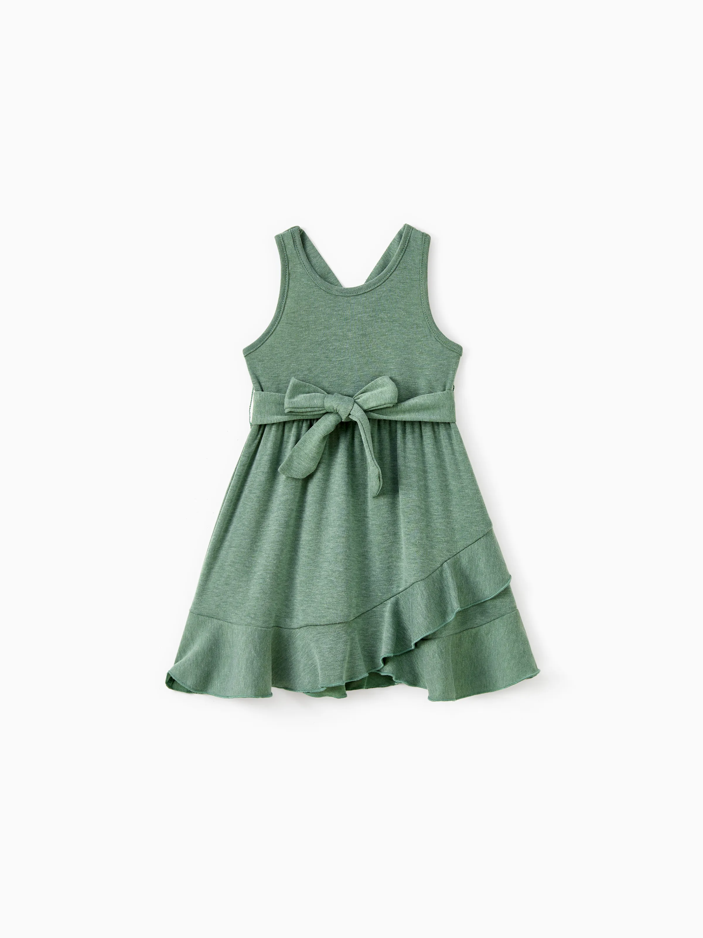 

Family Matching Sets Round Neck Button Solid Color/Raglan-Sleeve Tee or Green Tank Irregular Hem Ruffle Trim Dress