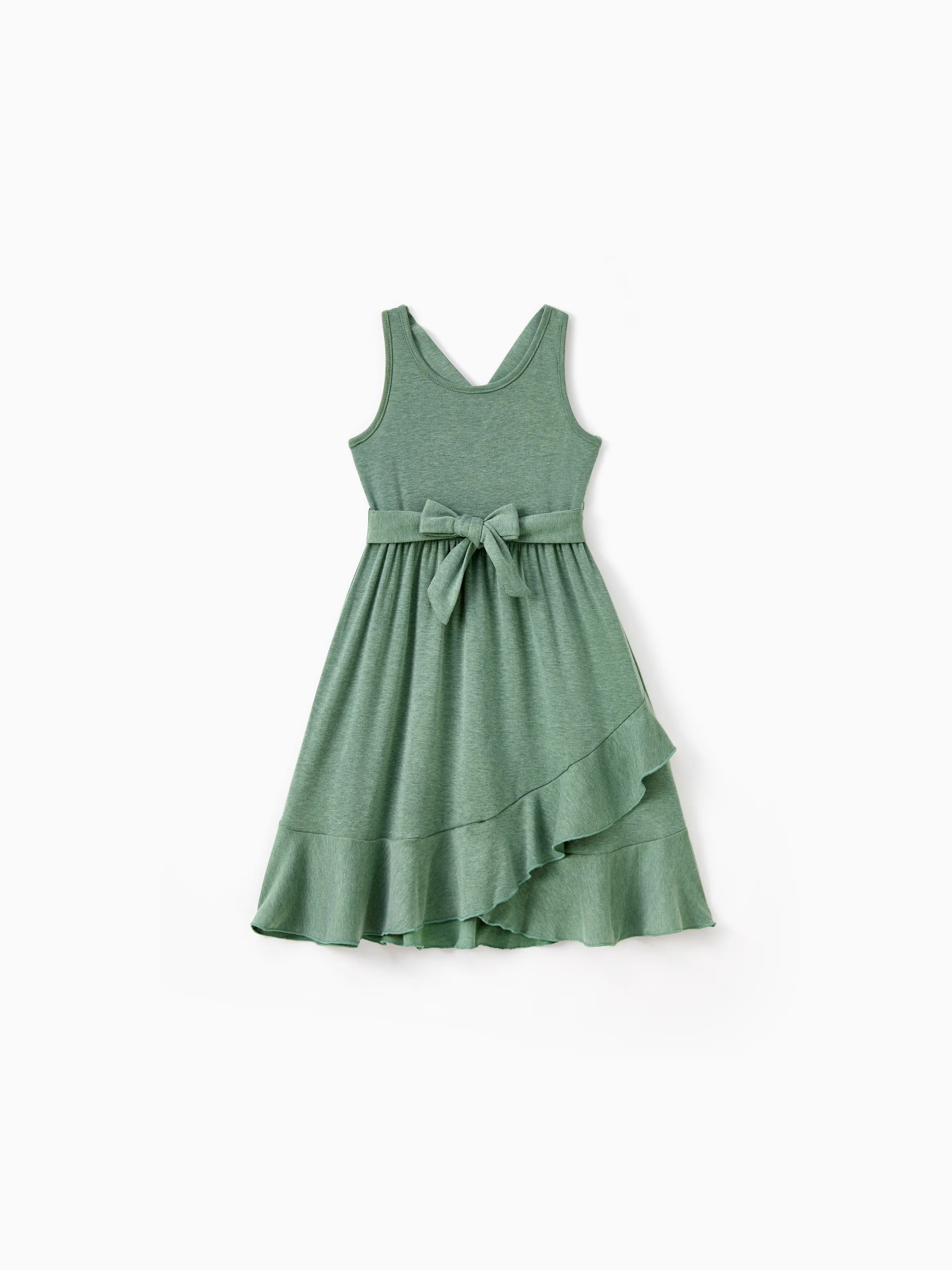 

Family Matching Sets Round Neck Button Solid Color/Raglan-Sleeve Tee or Green Tank Irregular Hem Ruffle Trim Dress