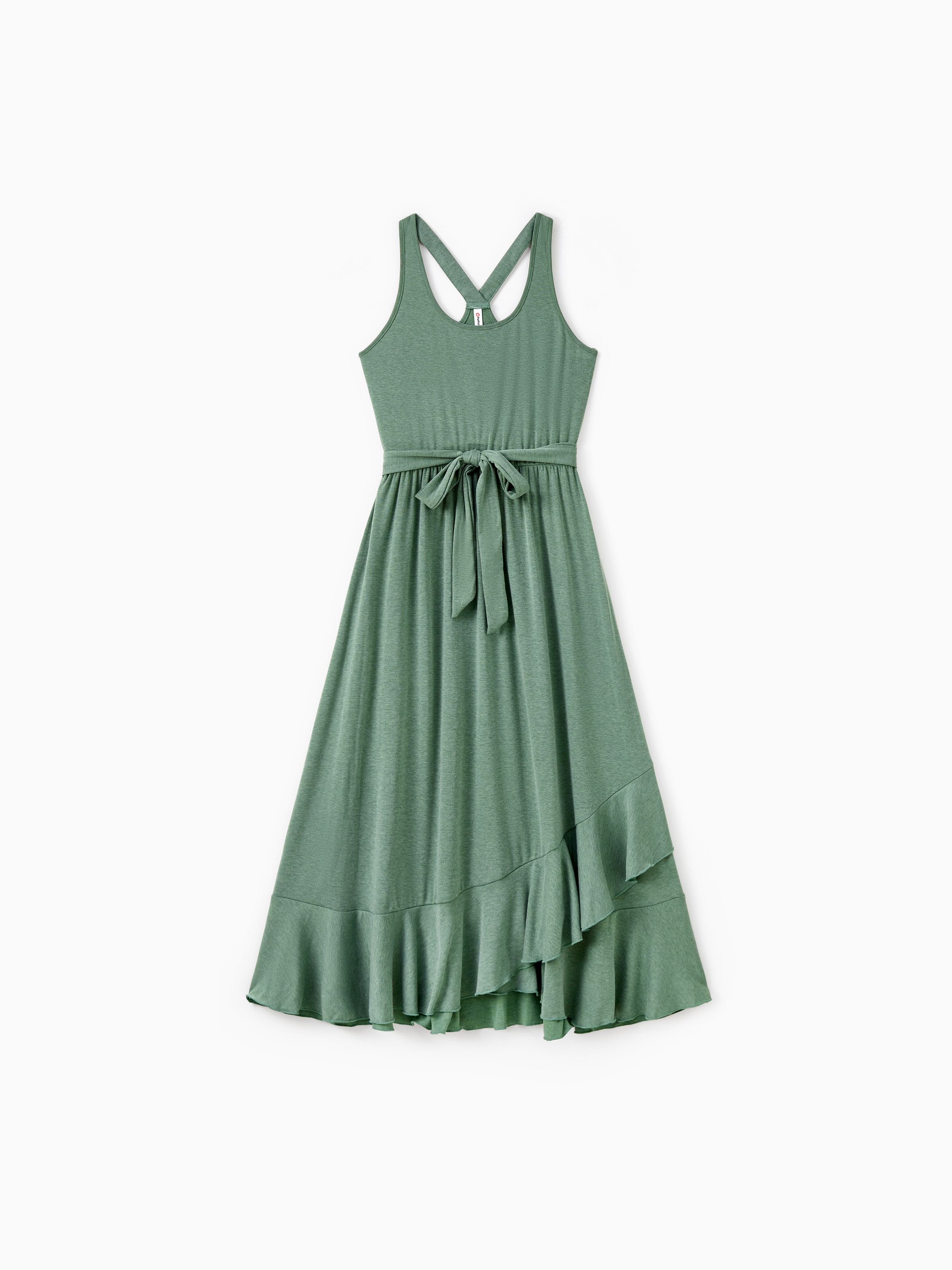 

Family Matching Sets Round Neck Button Solid Color/Raglan-Sleeve Tee or Green Tank Irregular Hem Ruffle Trim Dress