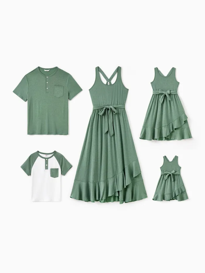 Family Matching Sets Round Neck Button Solid Color/Raglan-Sleeve Tee or Green Tank Irregular Hem Ruffle Trim Dress