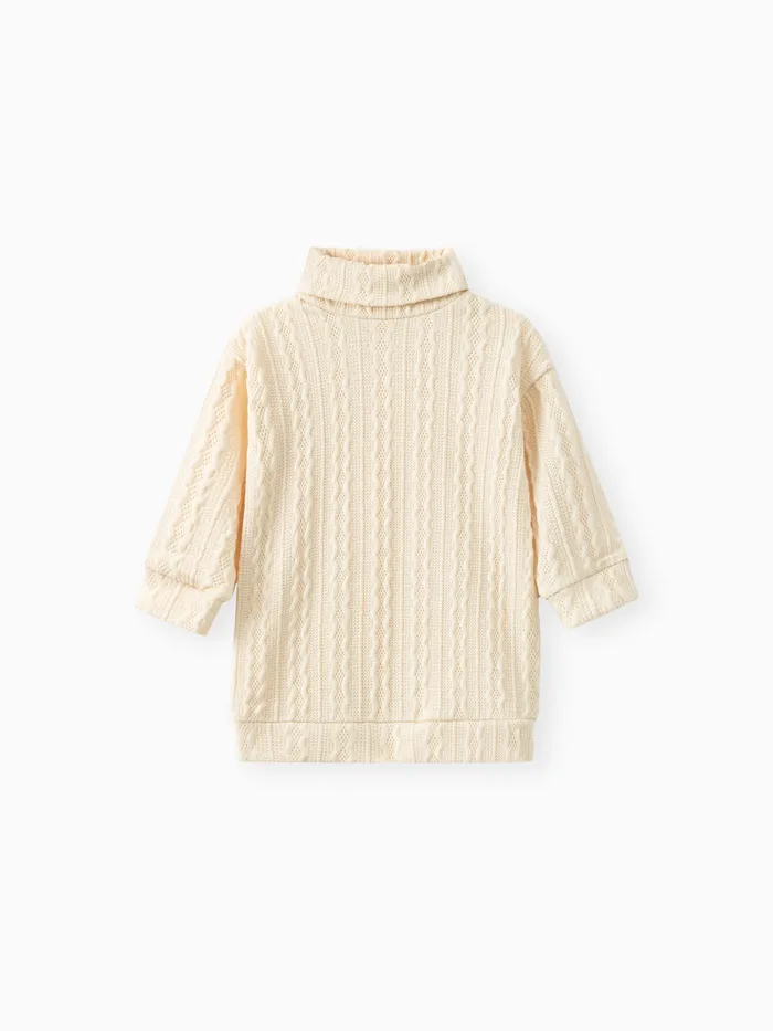 Baby Girl Solid Cable Knit Turtleneck Long-sleeve Sweater Dress