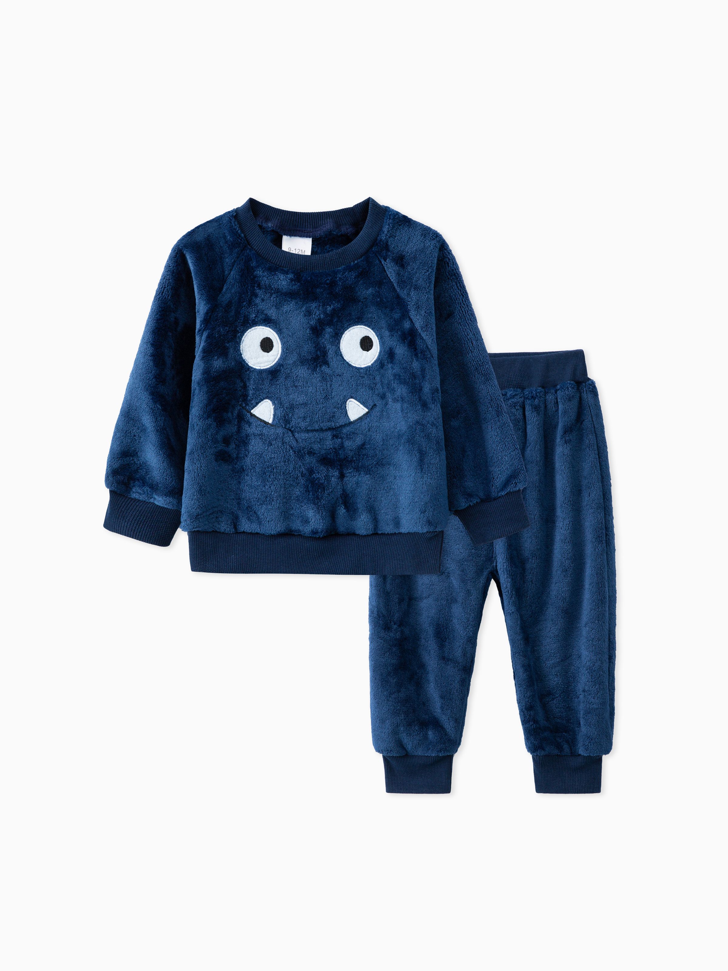 

2pcs Baby Cartoon Animal Embroidered Long-sleeve Velvet Pullover Set