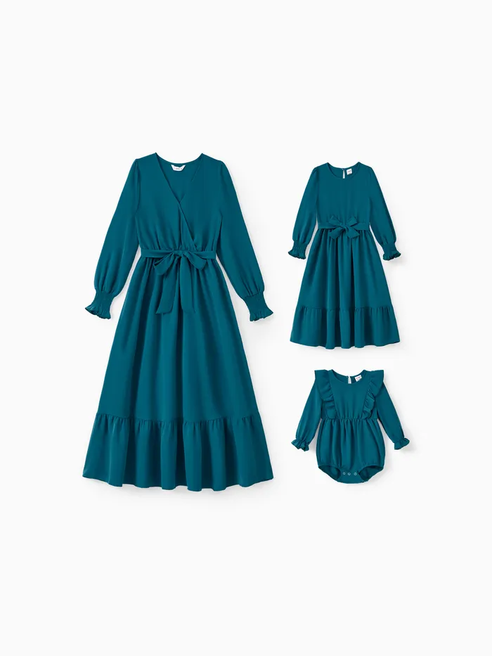 Mommy and Me Ice Silk Crepe Fabric Blue-Green Long Sleeves Wrap Top Ruffle Hem Belted Dress with Hidden Snap