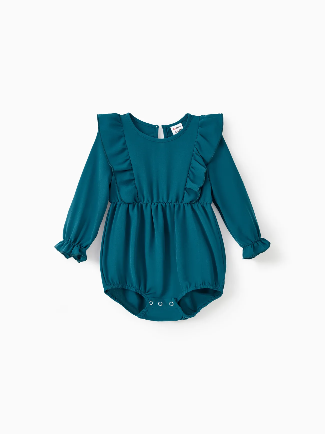 

Mommy and Me Ice Silk Crepe Fabric Blue-Green Long Sleeves Wrap Top Ruffle Hem Belted Dress with Hidden Snap