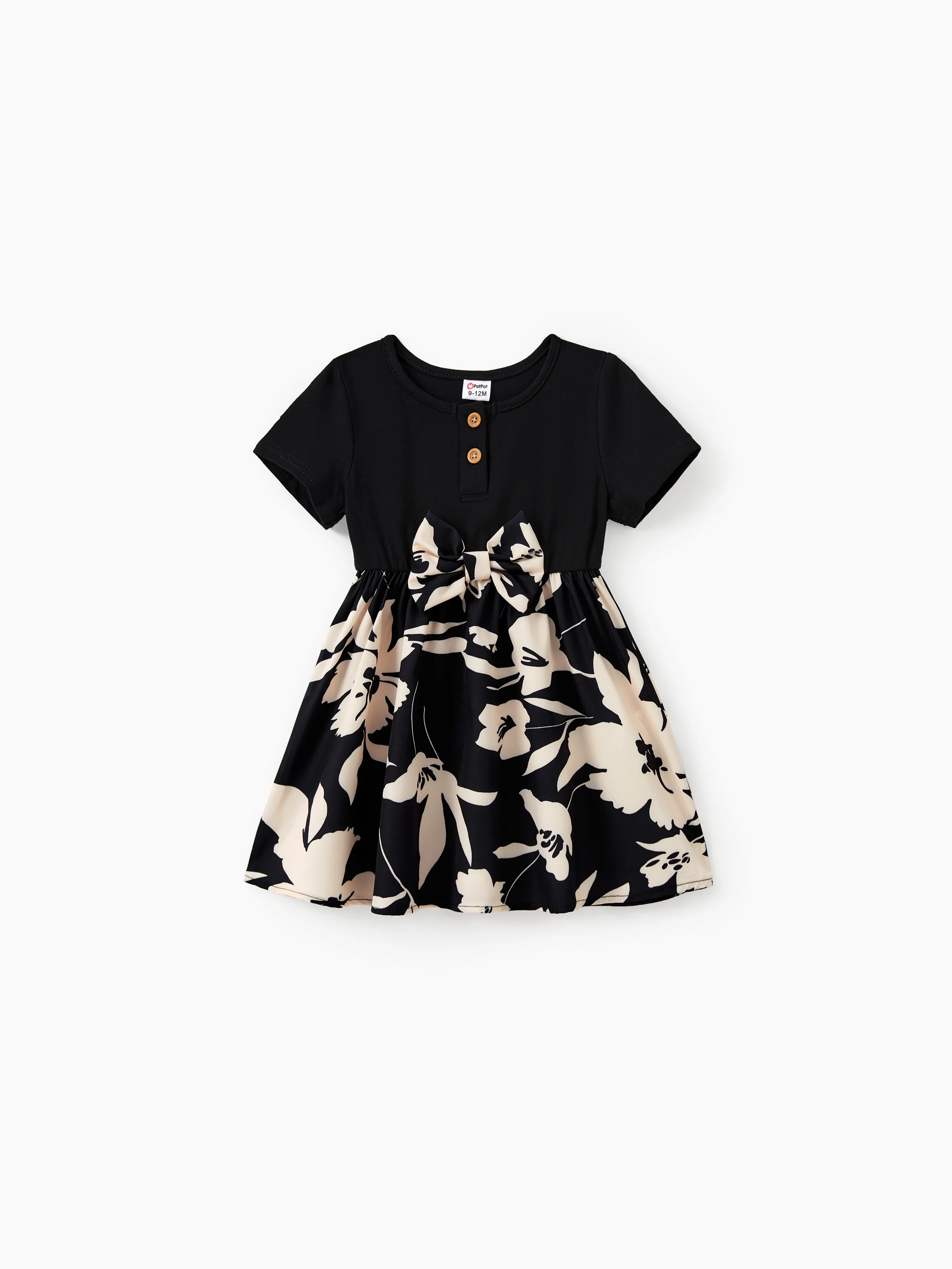 

Family Matching Sets Black Floral Panel Tee or Henley Neck Button Top Spliced Floral Bottom Dress