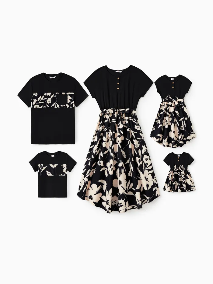 Family Matching Sets Black Floral Panel Tee or Henley Neck Button Top Spliced Floral Bottom Dress 