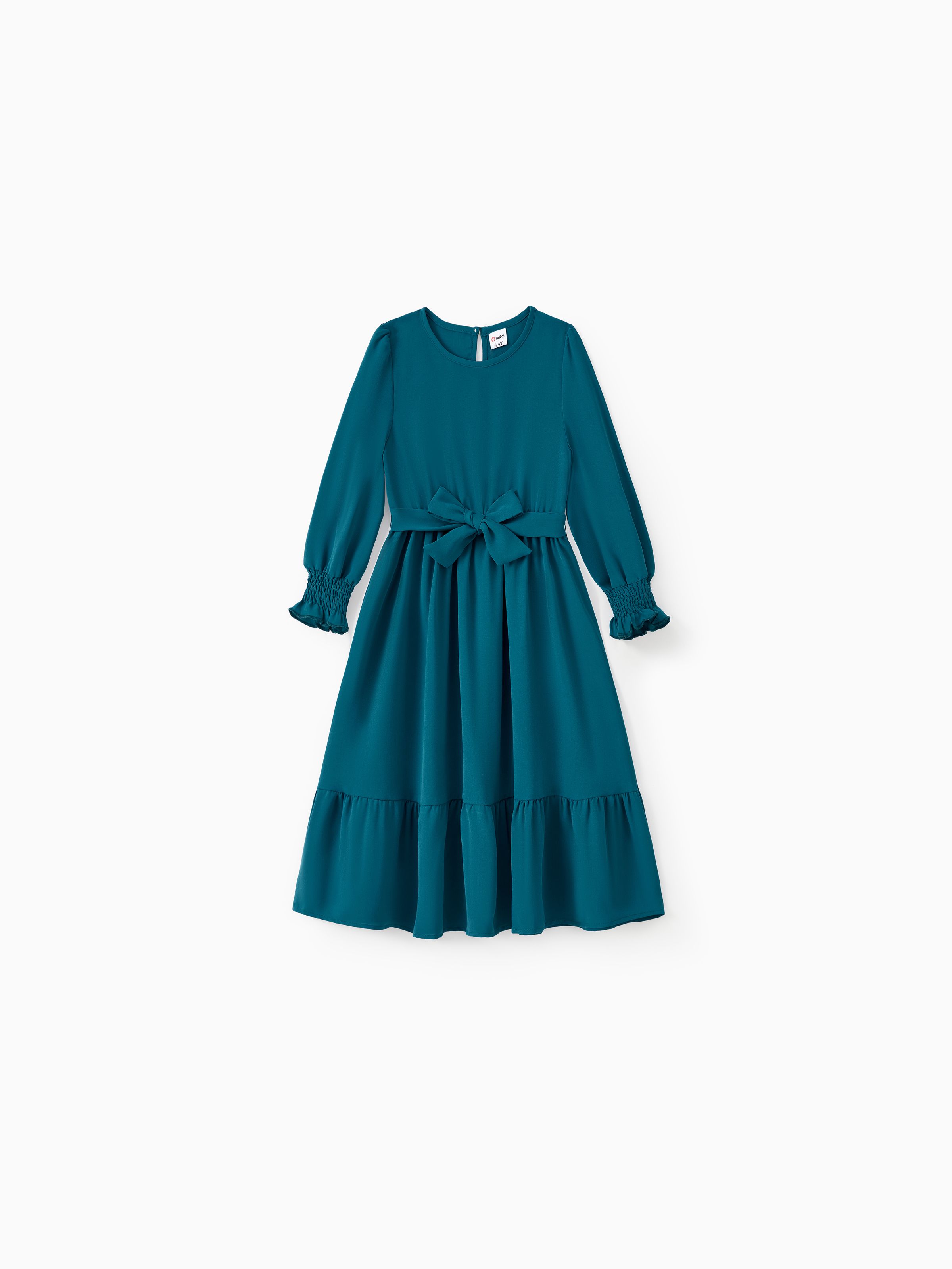 

Mommy and Me Ice Silk Crepe Fabric Blue-Green Long Sleeves Wrap Top Ruffle Hem Belted Dress with Hidden Snap