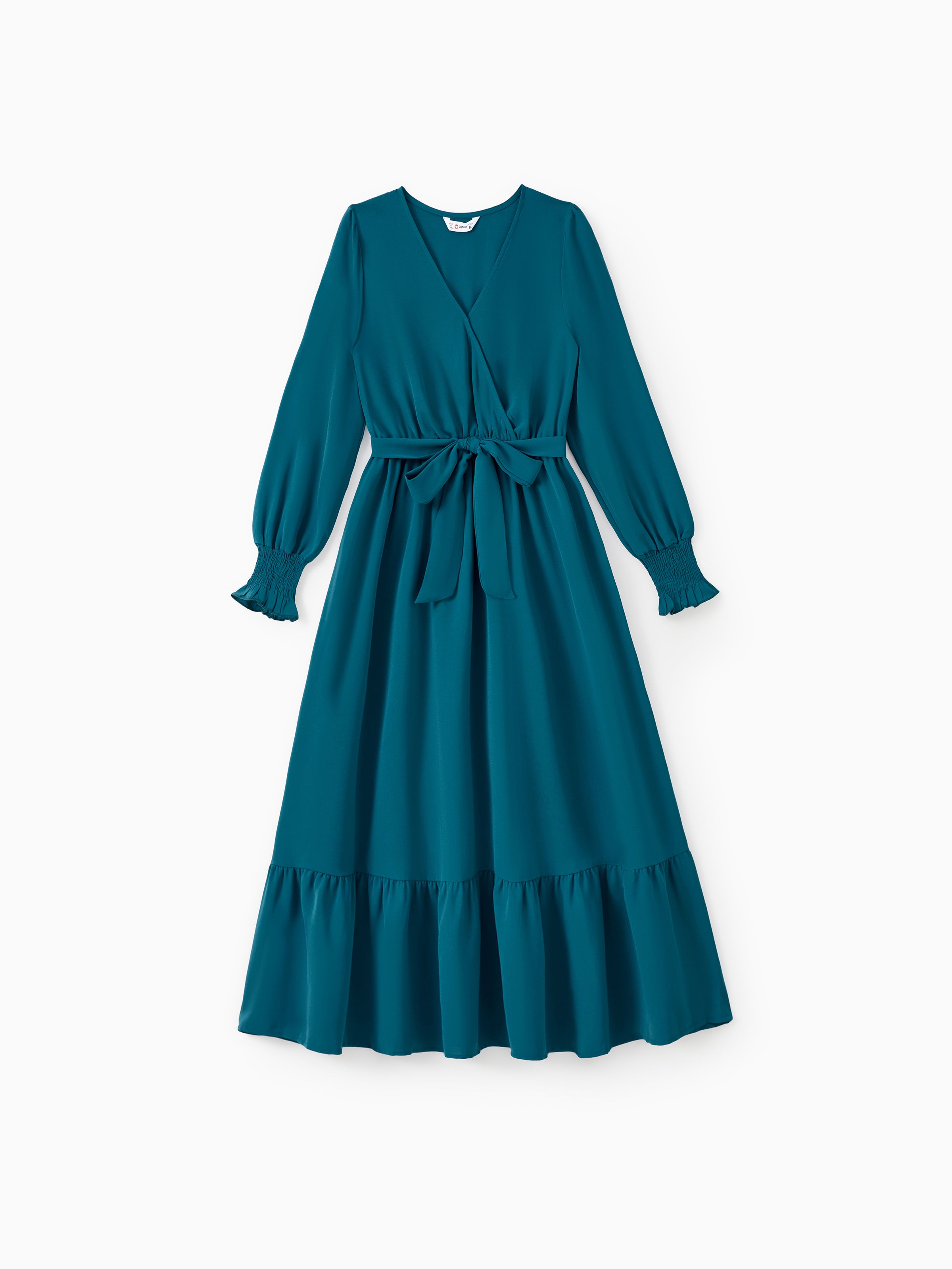 

Mommy and Me Ice Silk Crepe Fabric Blue-Green Long Sleeves Wrap Top Ruffle Hem Belted Dress with Hidden Snap