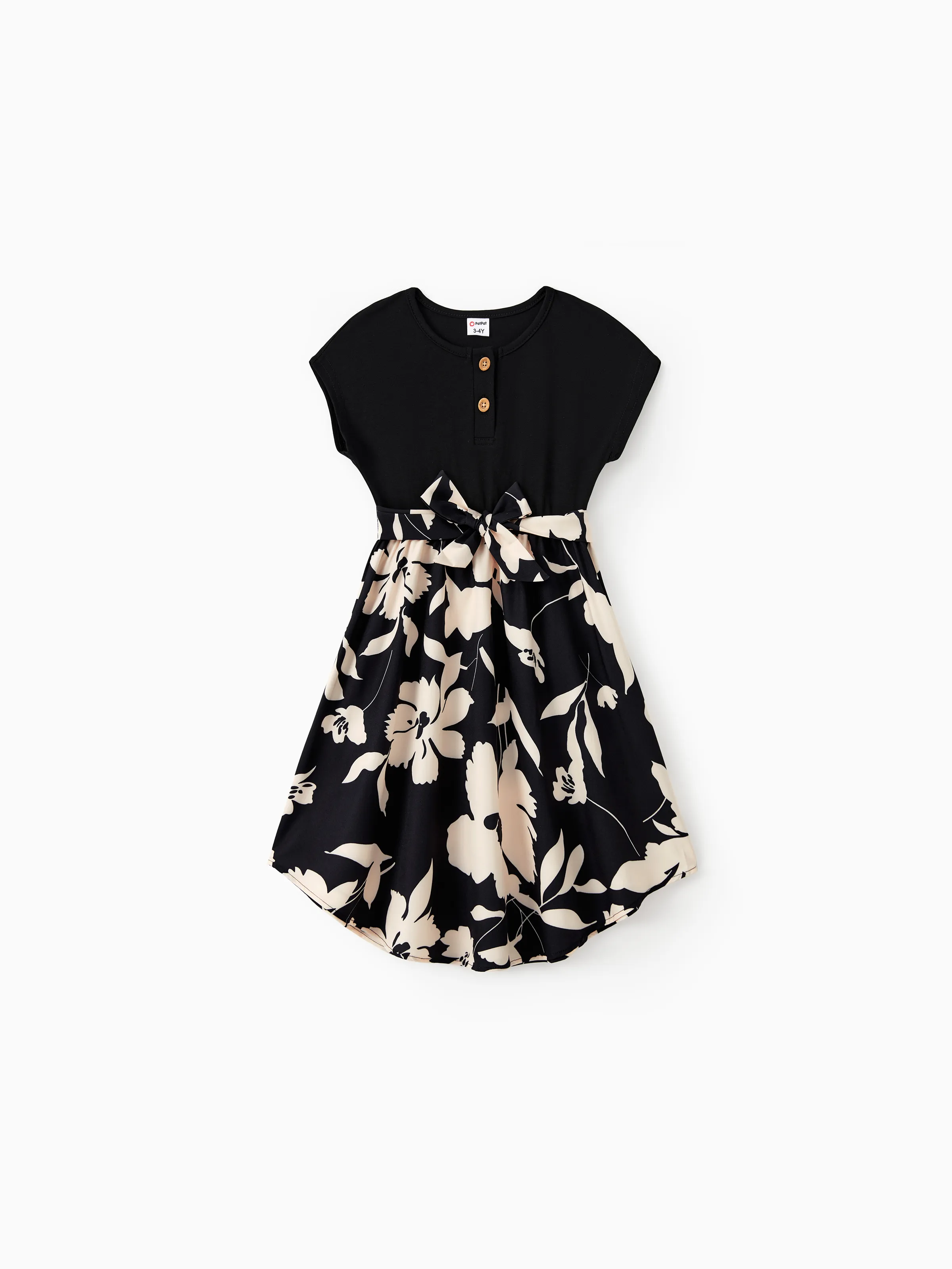 

Family Matching Sets Black Floral Panel Tee or Henley Neck Button Top Spliced Floral Bottom Dress