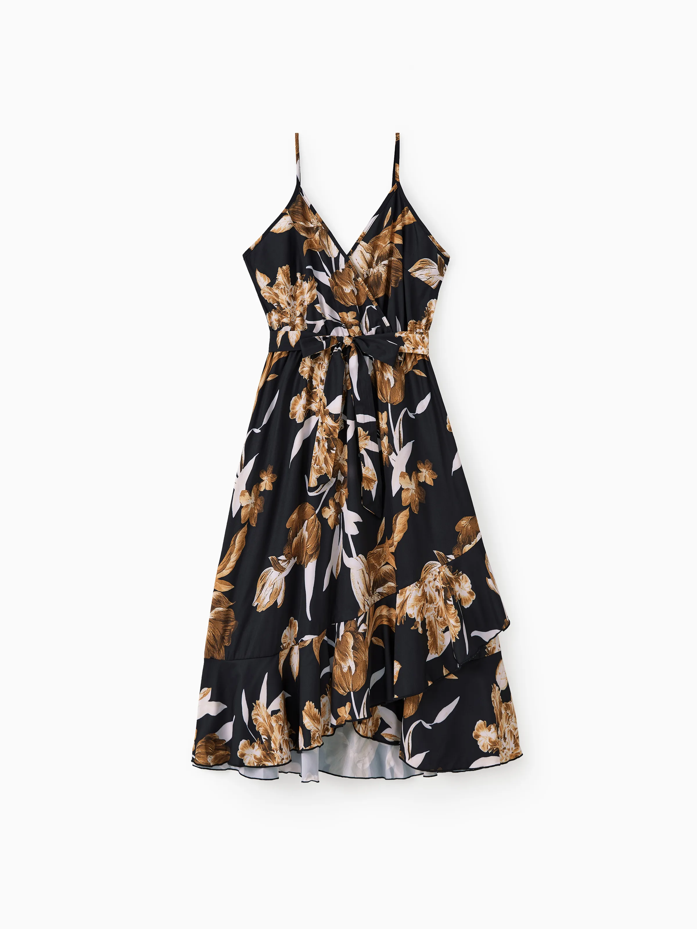 

Family Matching Sets Black Floral Shirt or V Neck Irregular Hem Ruffle Trim Strap Dress with Hidden Snap