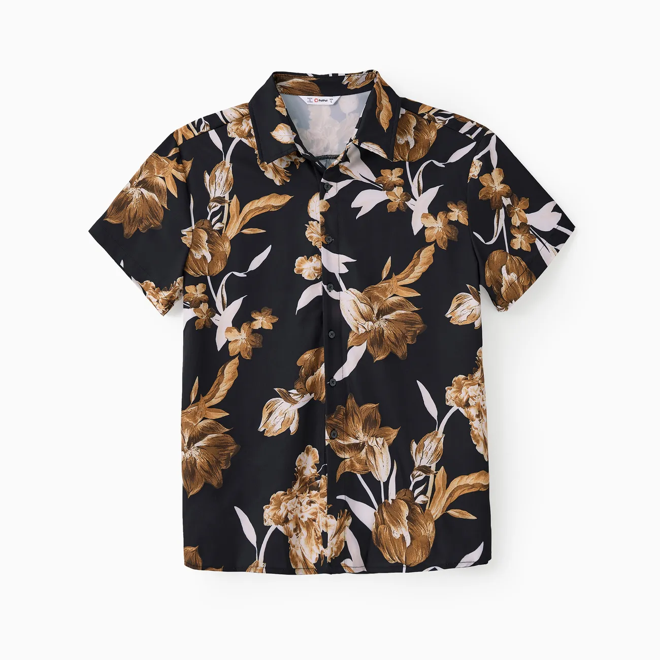 Family Matching Sets Black Floral Shirt or V Neck Irregular Hem Ruffle Trim Strap Dress with Hidden Snap