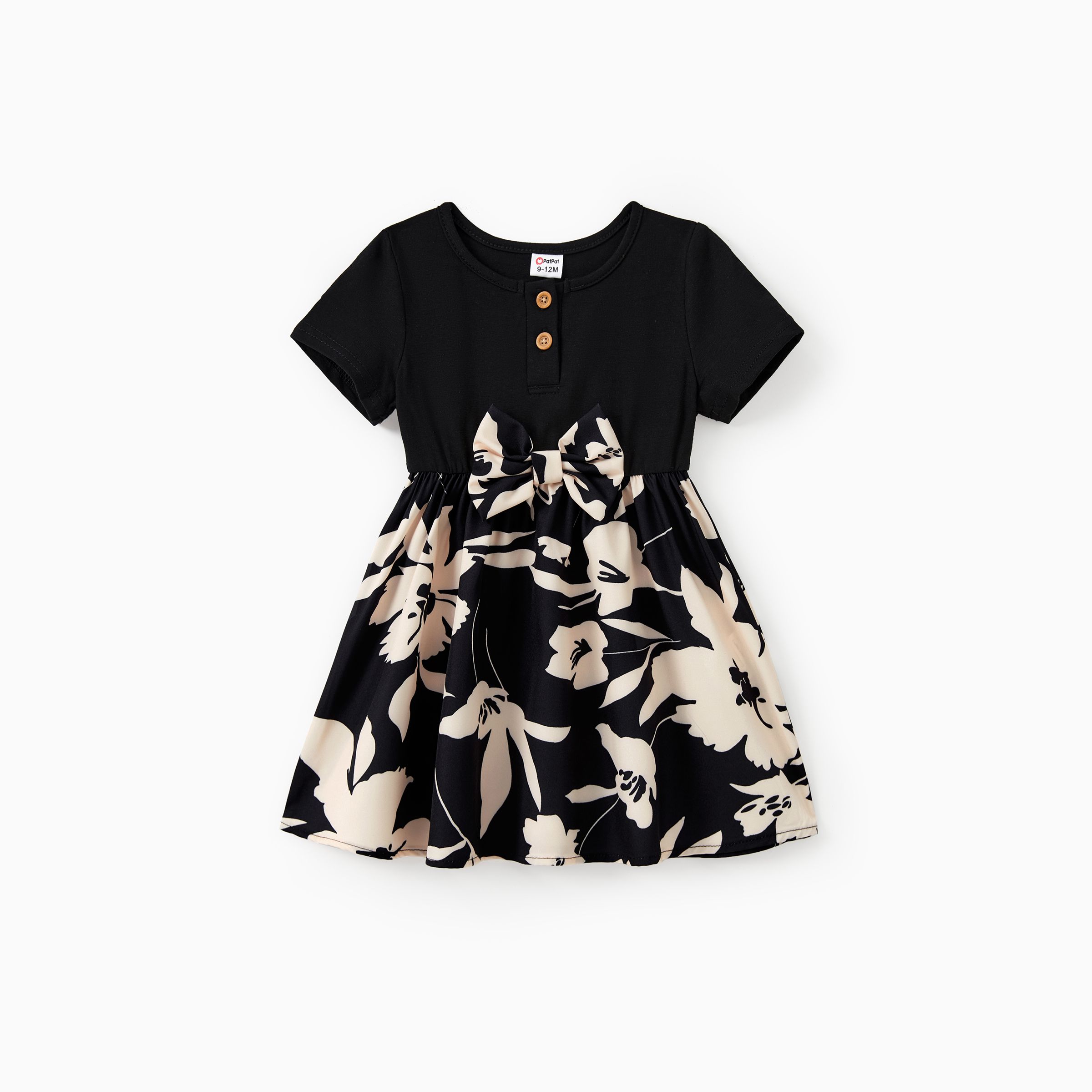 

Family Matching Sets Black Floral Panel Tee or Henley Neck Button Top Spliced Floral Bottom Dress
