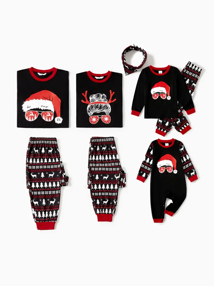 Christmas Family Matching Santa hats and Reindeers Print Long-sleeve Pajamas Sets (Flame Resistant)