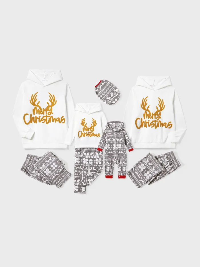 Merry Christmas White Hooded Pajamas Fleece Sets for the Whole Family Member