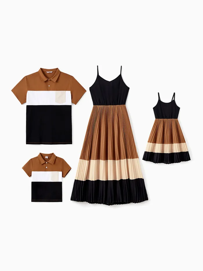 Family Matching Sets Three-Color Tee or Cami Strap Top Flowy Pleated Bottom Dress
