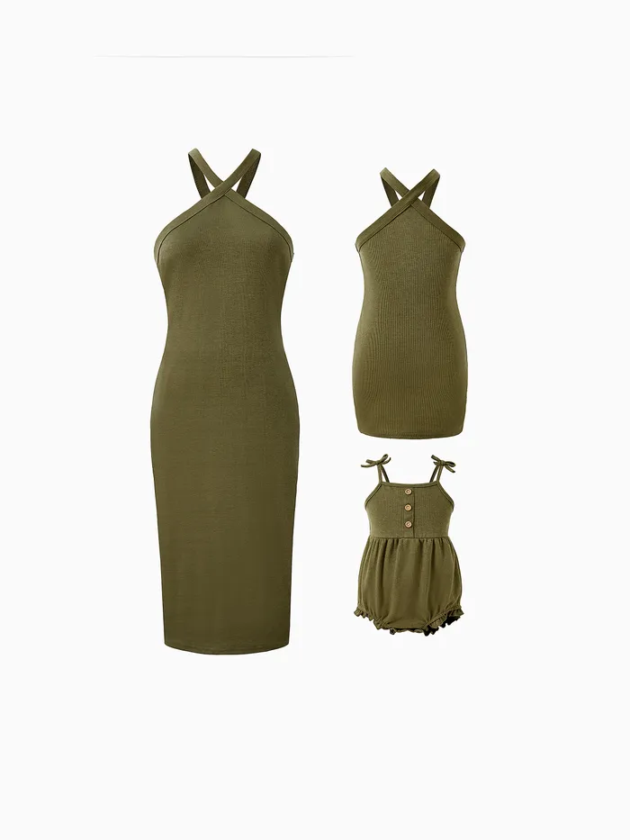Mommy and Me Army Green Cross Halter Body-con Sleeveless Dress