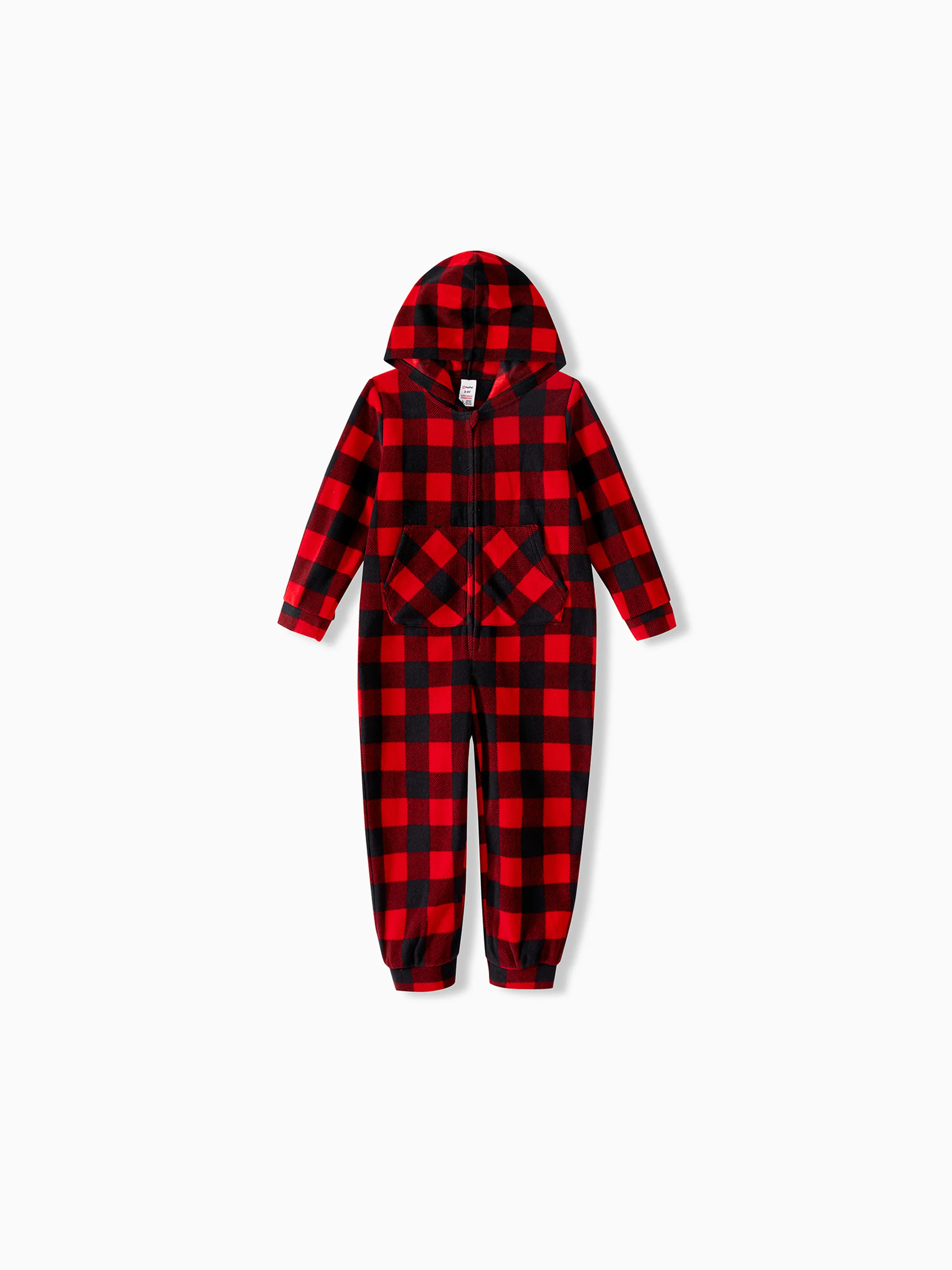 

Christmas Family Matching Red Plaid Hooded Long-sleeve Thickened Polar Fleece Zipper Onesies Pajamas