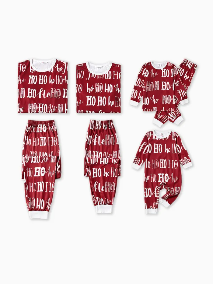 Christmas Family Matching Allover Letter Print Burgundy Long-sleeve Naia Pajamas Sets (Flame Resistant)