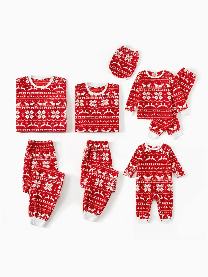 Christmas Family Matching Long-sleeve Allover Deer & Snowflake Print Red Thickened Polar Fleece Pajamas Sets (Flame Resistant)