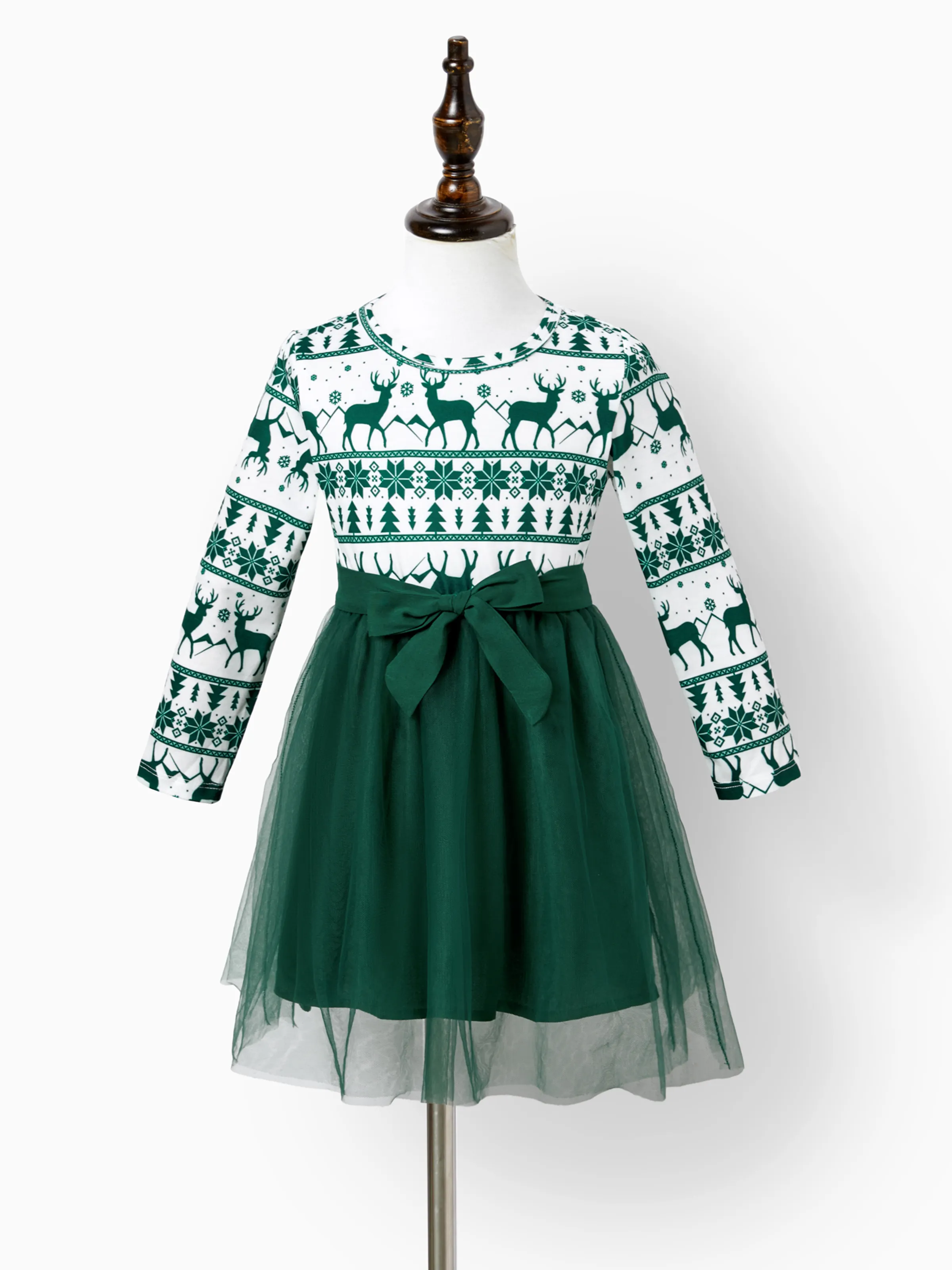 

Christmas Family Matching Green Festival Theme Print Tops and Mesh Splicing Dresses Sets