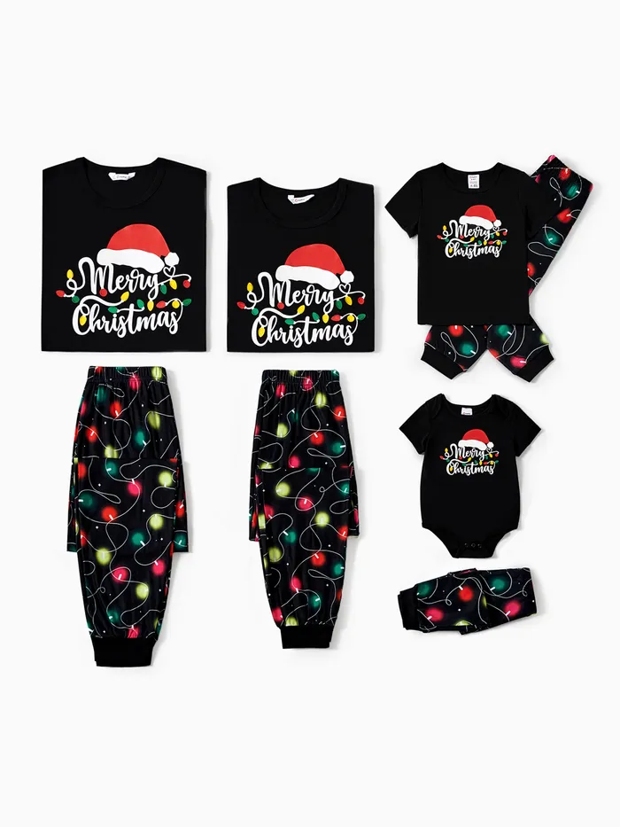 Christmas Family Matching Letters&Festive light bulb Print Short-sleeve Pajamas Sets