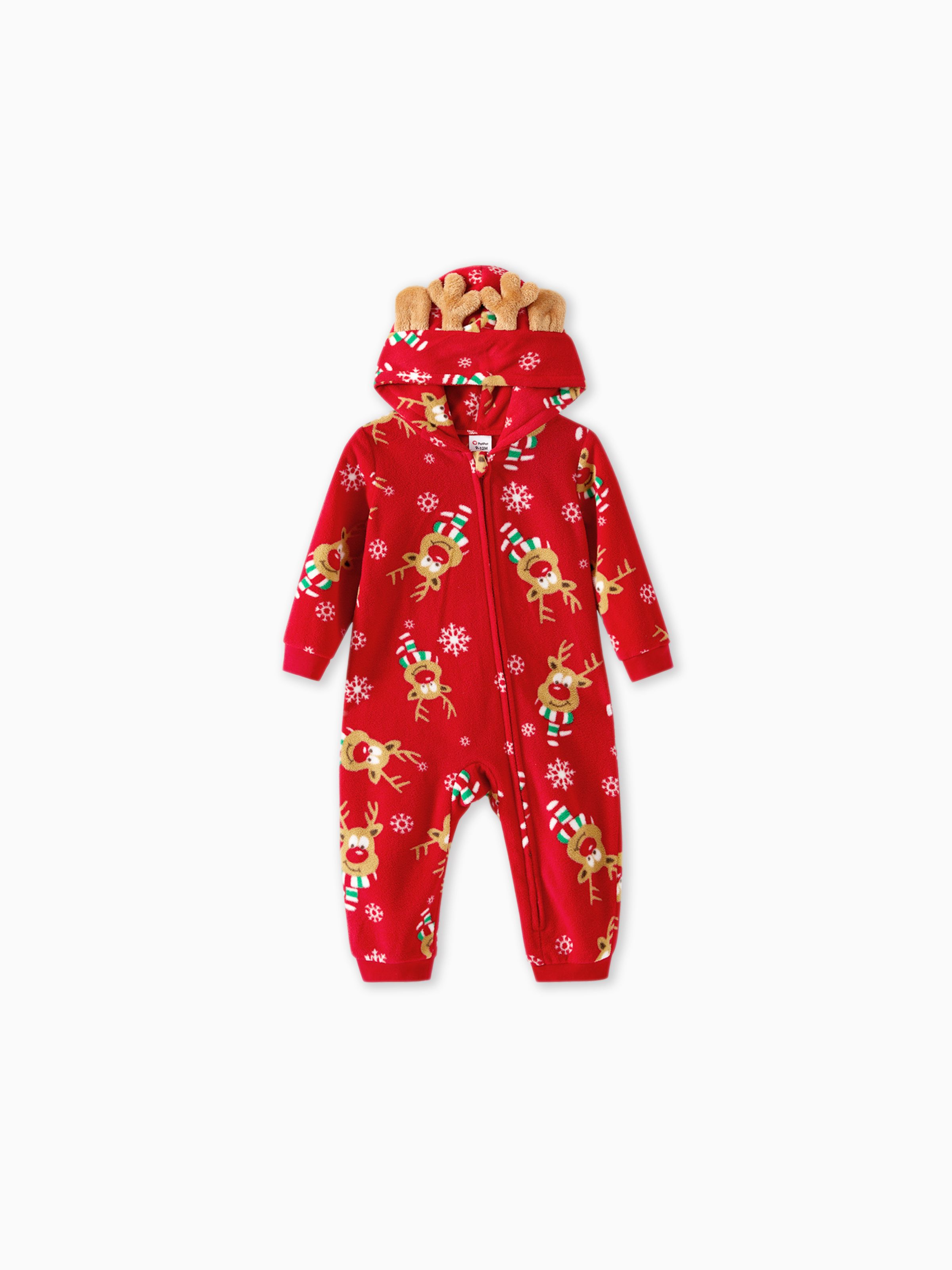 

Christmas Family Matching Allover Deer Print 3D Antler Hooded Long-sleeve Red Thickened Polar Fleece Onesies Pajamas (Flame Resistant)