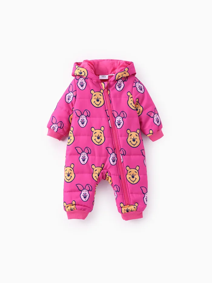 Disney Winnie the Pooh Baby Boy/Girl 1pcs  Character Allover Print Zipper Hooded Long-sleeve Thicken Jumpsuit 