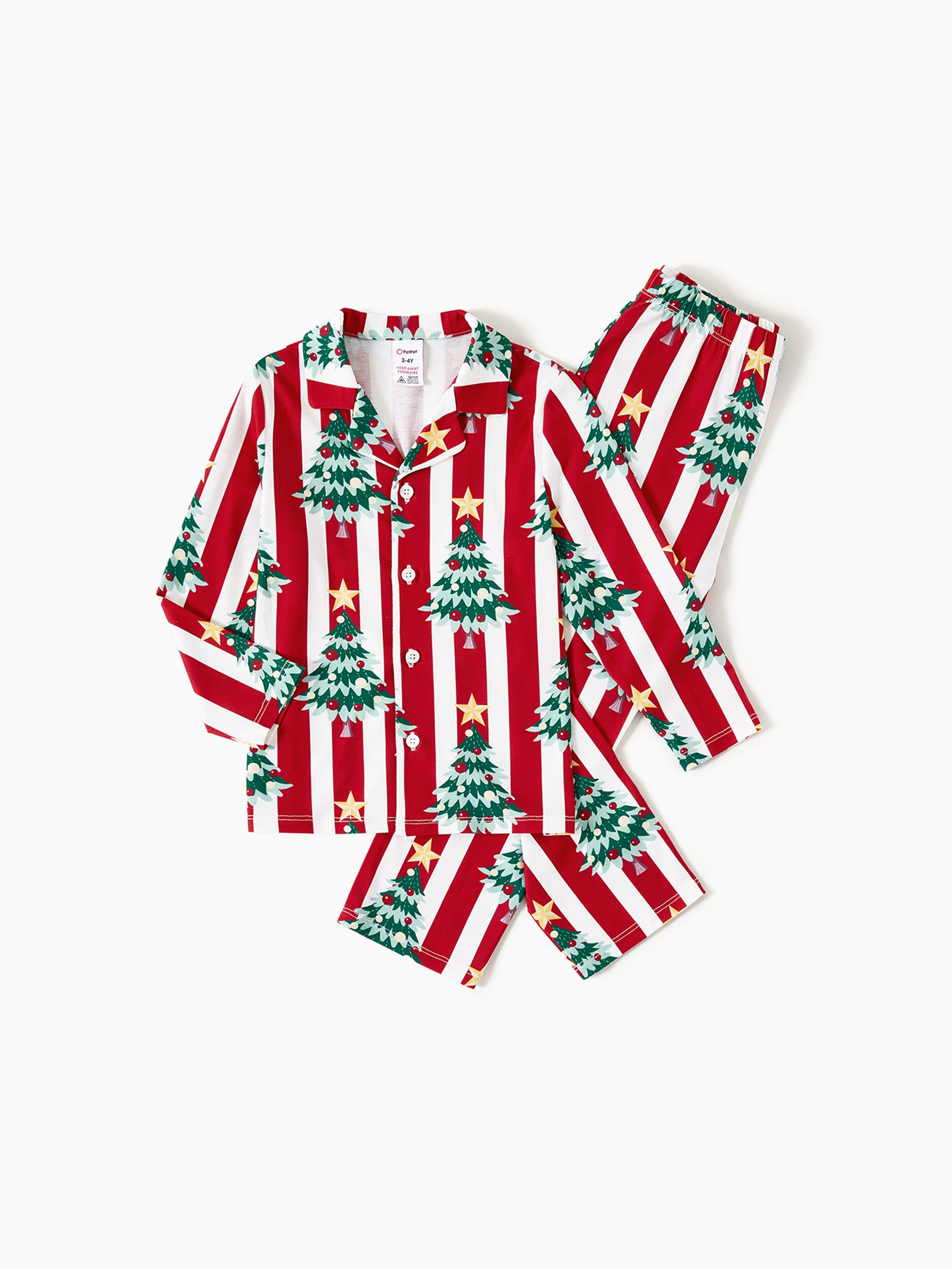 

Christmas Family Matching Trees Print Stripes Long-sleeve Pajamas Sets(Flame resistant)