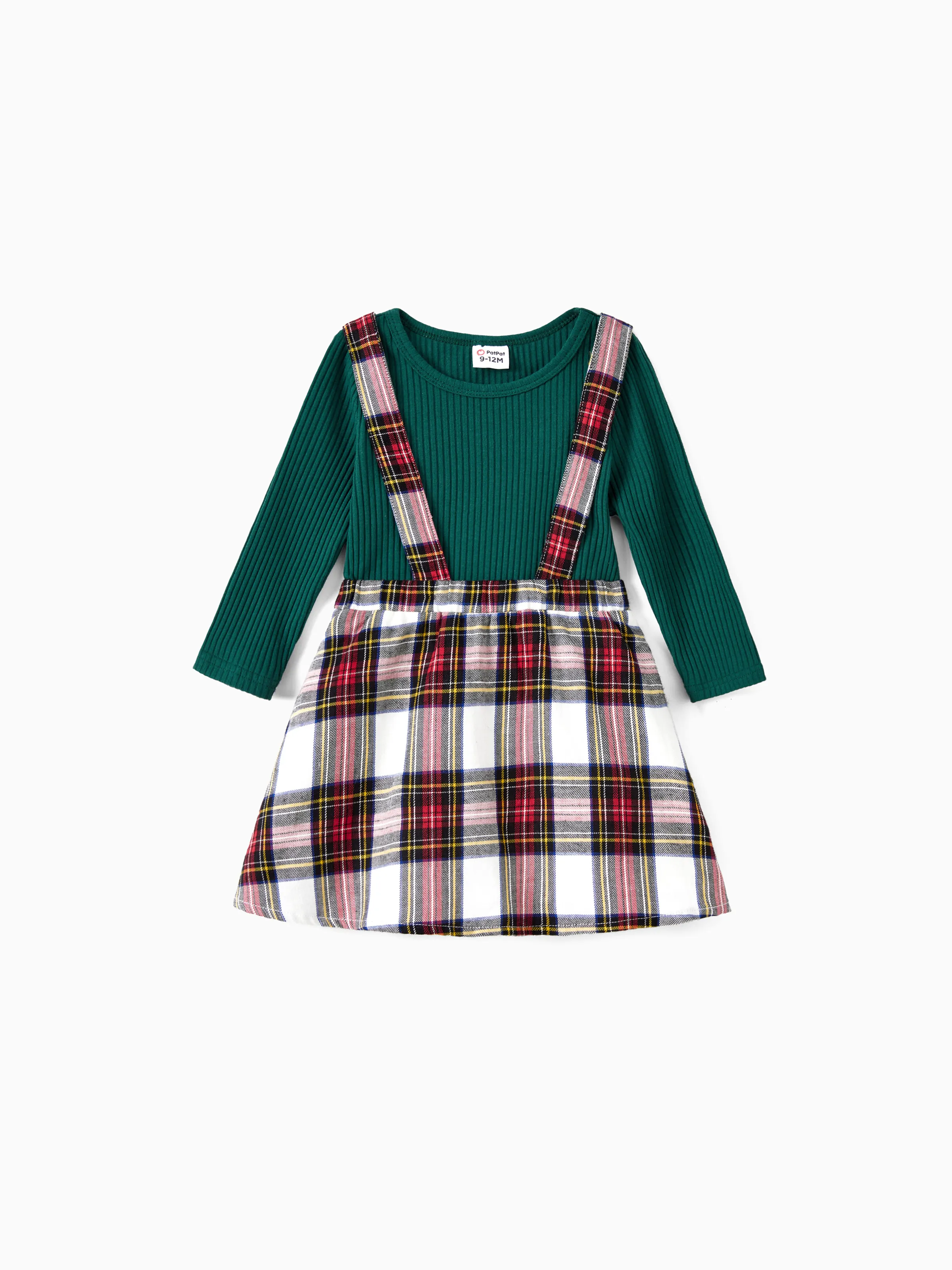 

Family Matching Green Long Sleeves Ribbed Top Red Plaid Skirt Co-ord Set