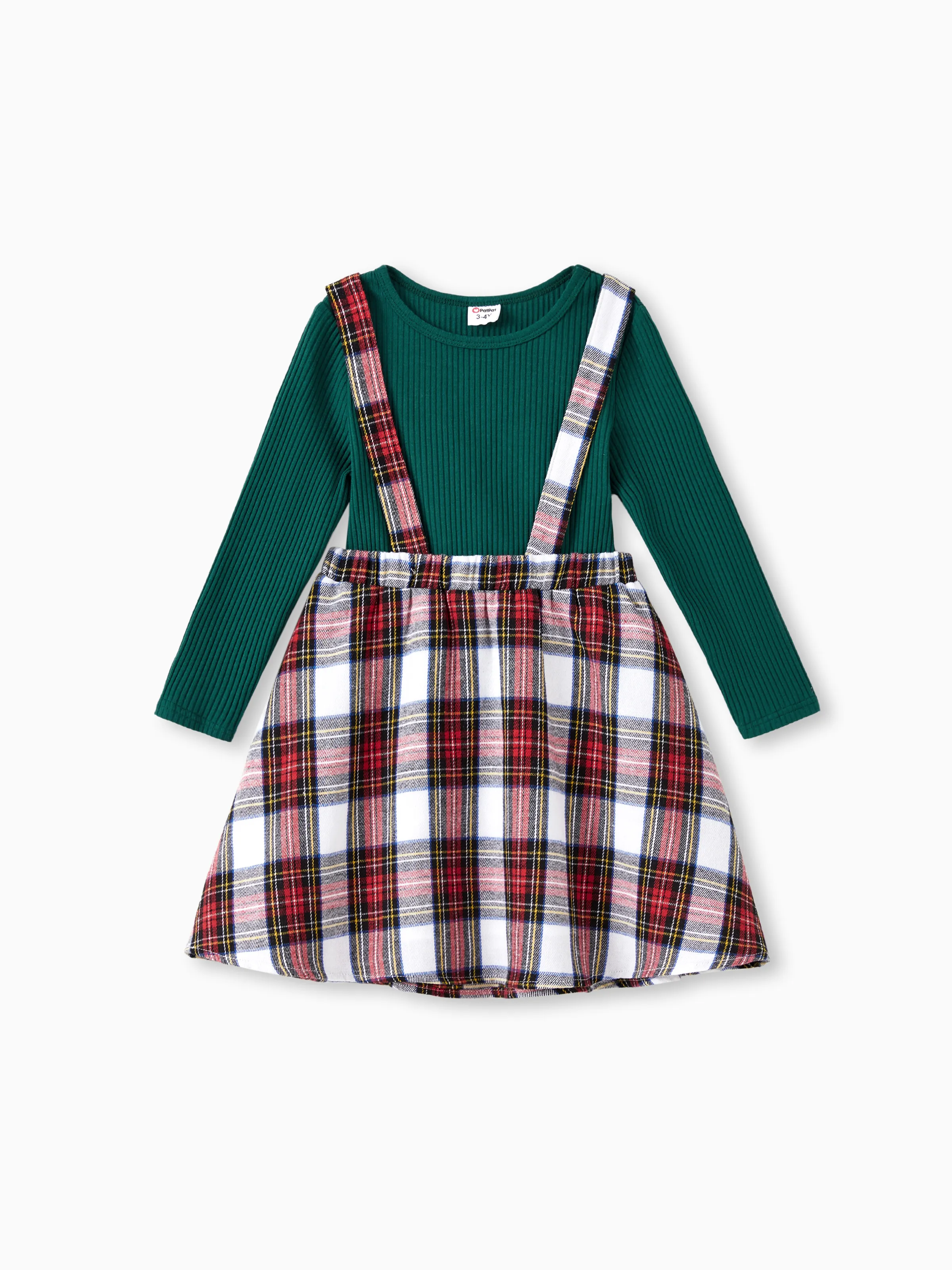 

Family Matching Green Long Sleeves Ribbed Top Red Plaid Skirt Co-ord Set