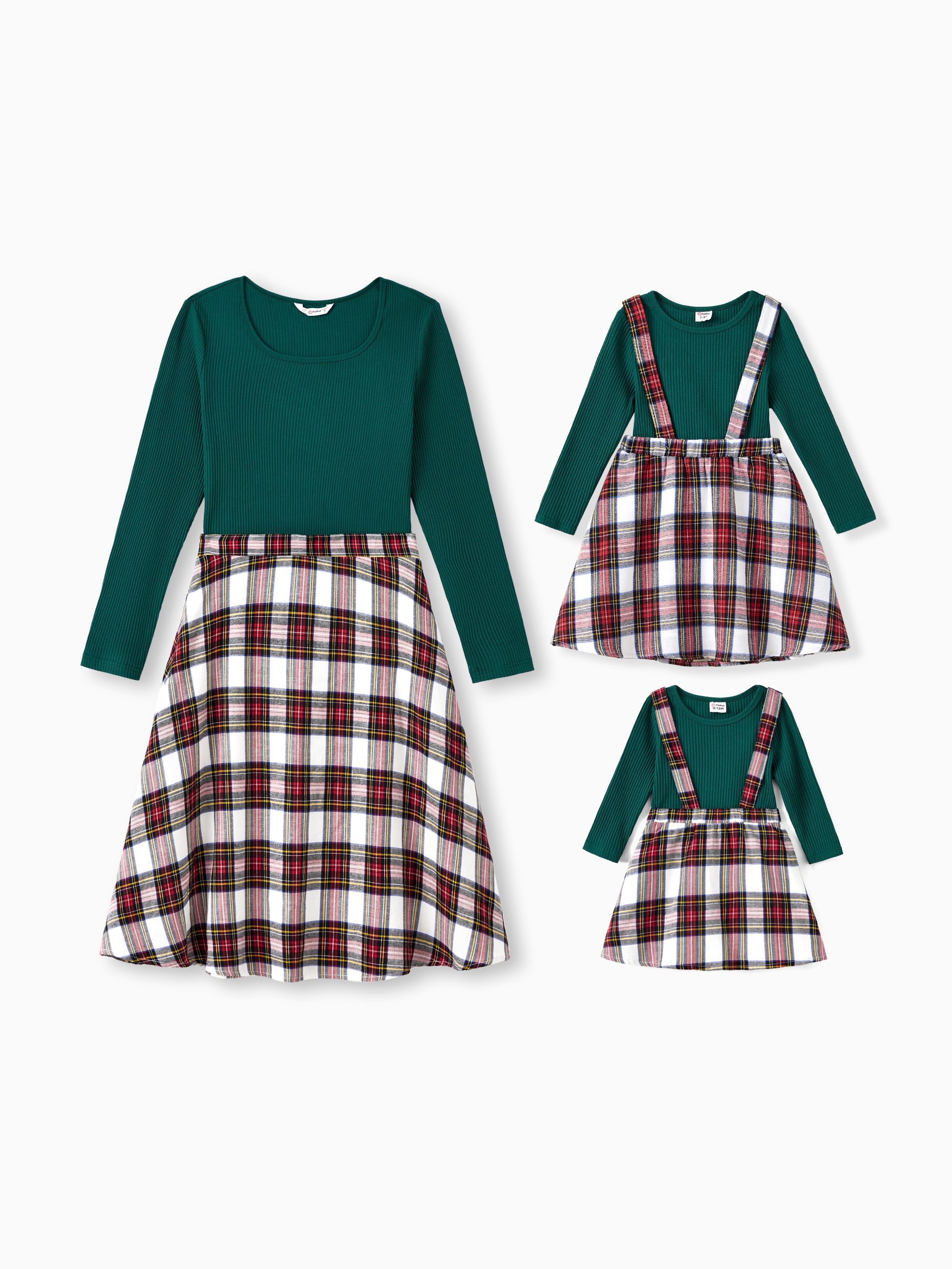 Family Matching Green Long Sleeves Ribbed Top Red Plaid Skirt Co ord Set