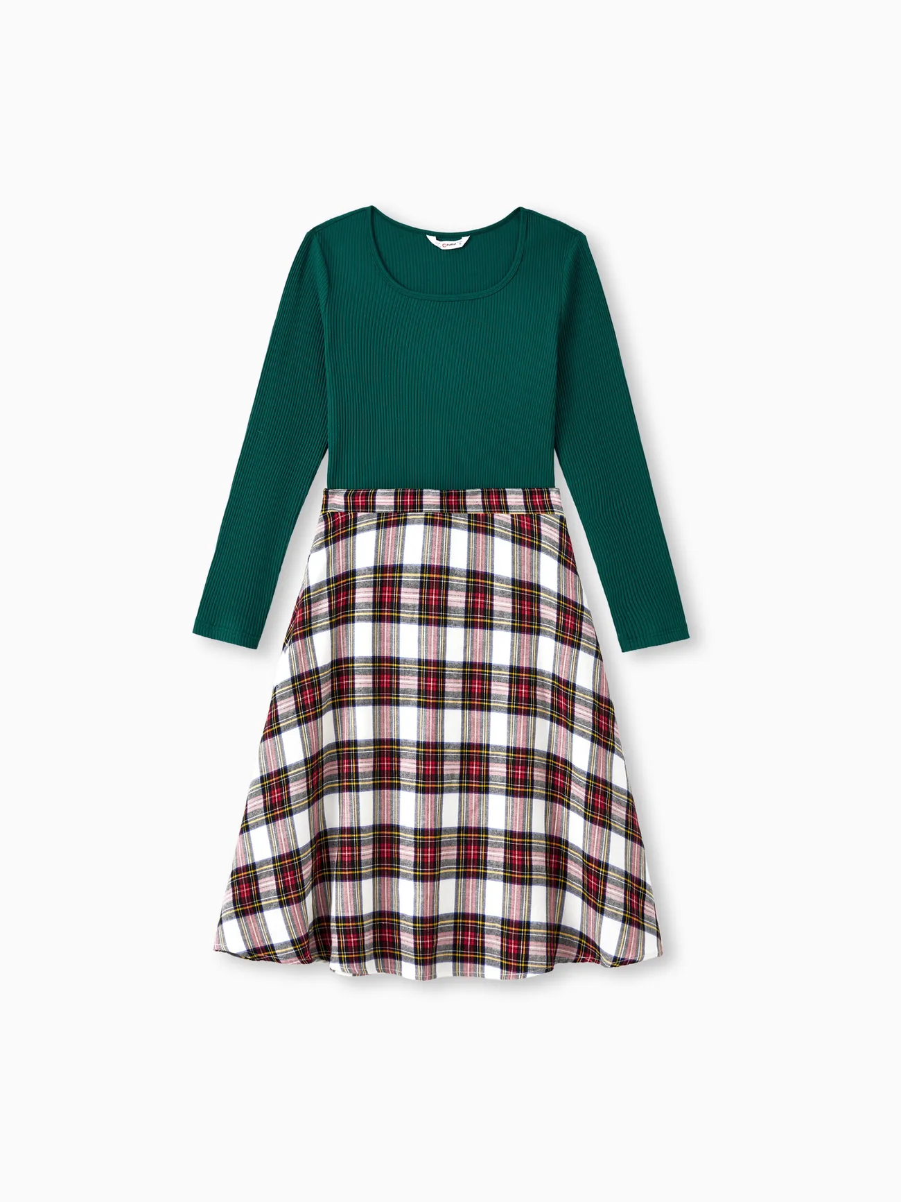 

Family Matching Green Long Sleeves Ribbed Top Red Plaid Skirt Co-ord Set