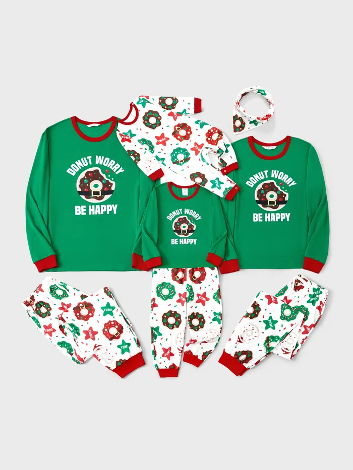 Christmas Family Matching Donut Worry Be Happy Allover Pants Pajamas Sets with Drawstring and Pockets 