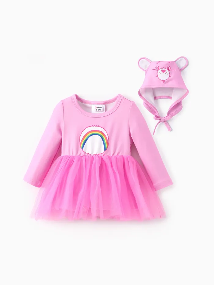 Care Bears Baby Girl 2pcs Rainbow Long-sleeve Tulle Dress with Bears Hat Set