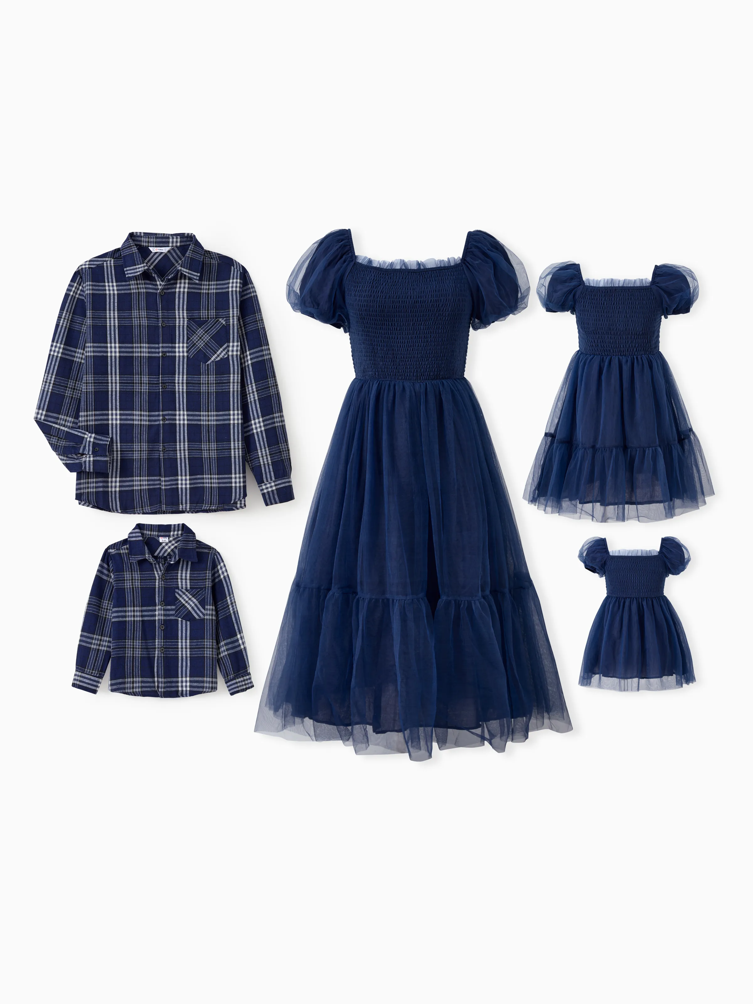 Family Matching Sets Plaid Long Sleeves Shirt or Elegant Shirred Bodice Puff Sleeves Tulle Mesh Dress