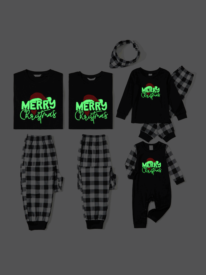 Christmas Family Matching Glow In The Dark Letters Print Long-sleeve Pajamas Sets (Flame resistant)