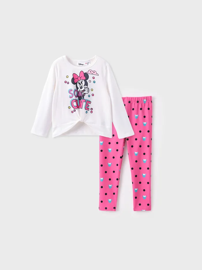 Disney Mickey and Friends Toddler Girl 2pcs Polka Dot Knot Front Camiseta de manga larga con conjunto de leggings