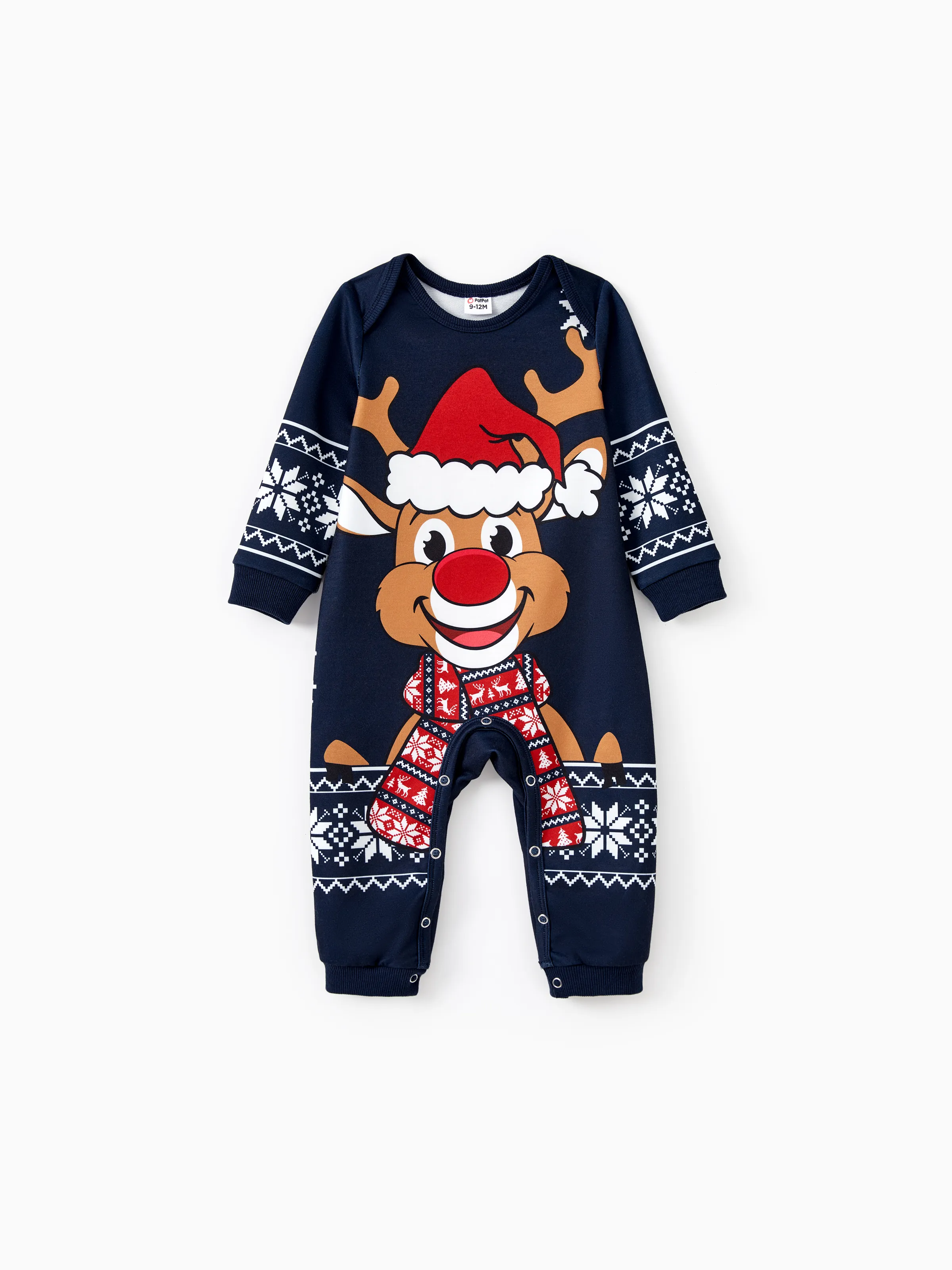 

Christmas Family Matching Cartoon Reindeer Graphic Snowflake Background Long Sleeves Tops