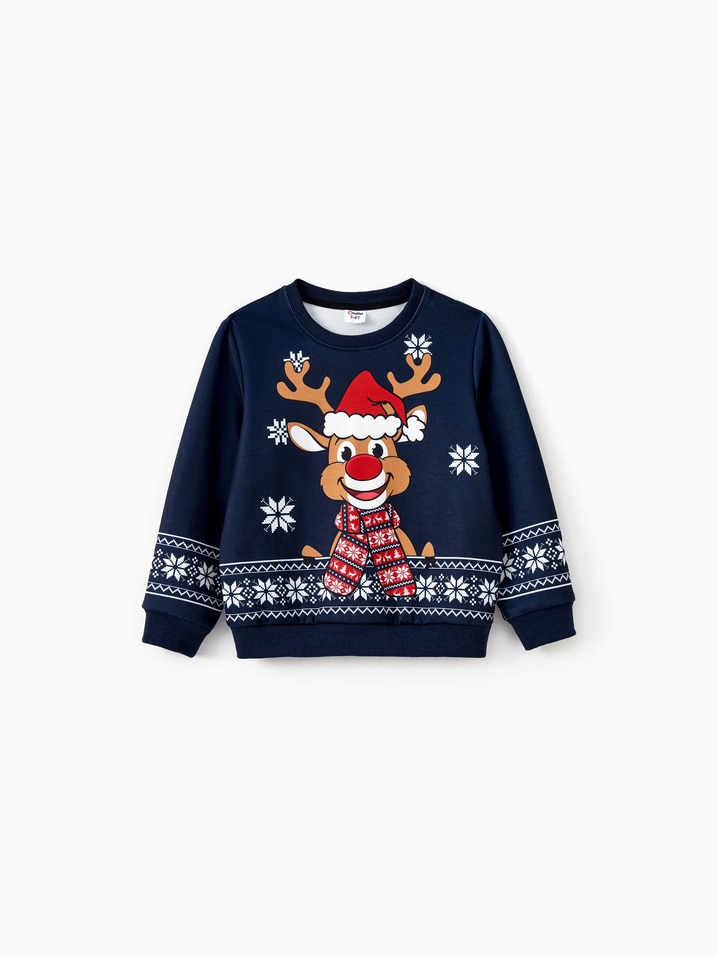 

Christmas Family Matching Cartoon Reindeer Graphic Snowflake Background Long Sleeves Tops