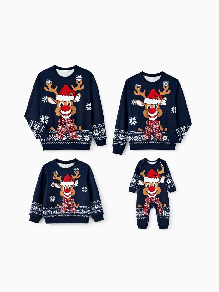 Christmas Family Matching Cartoon Reindeer Graphic Snowflake Background Long Sleeves Tops