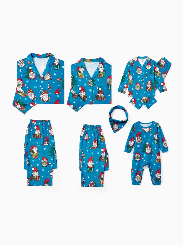 Christmas Family Matching Blue Allover Gnome Pattern Button Lapel Pajamas Sets with Pockets ( Flame Resistant )