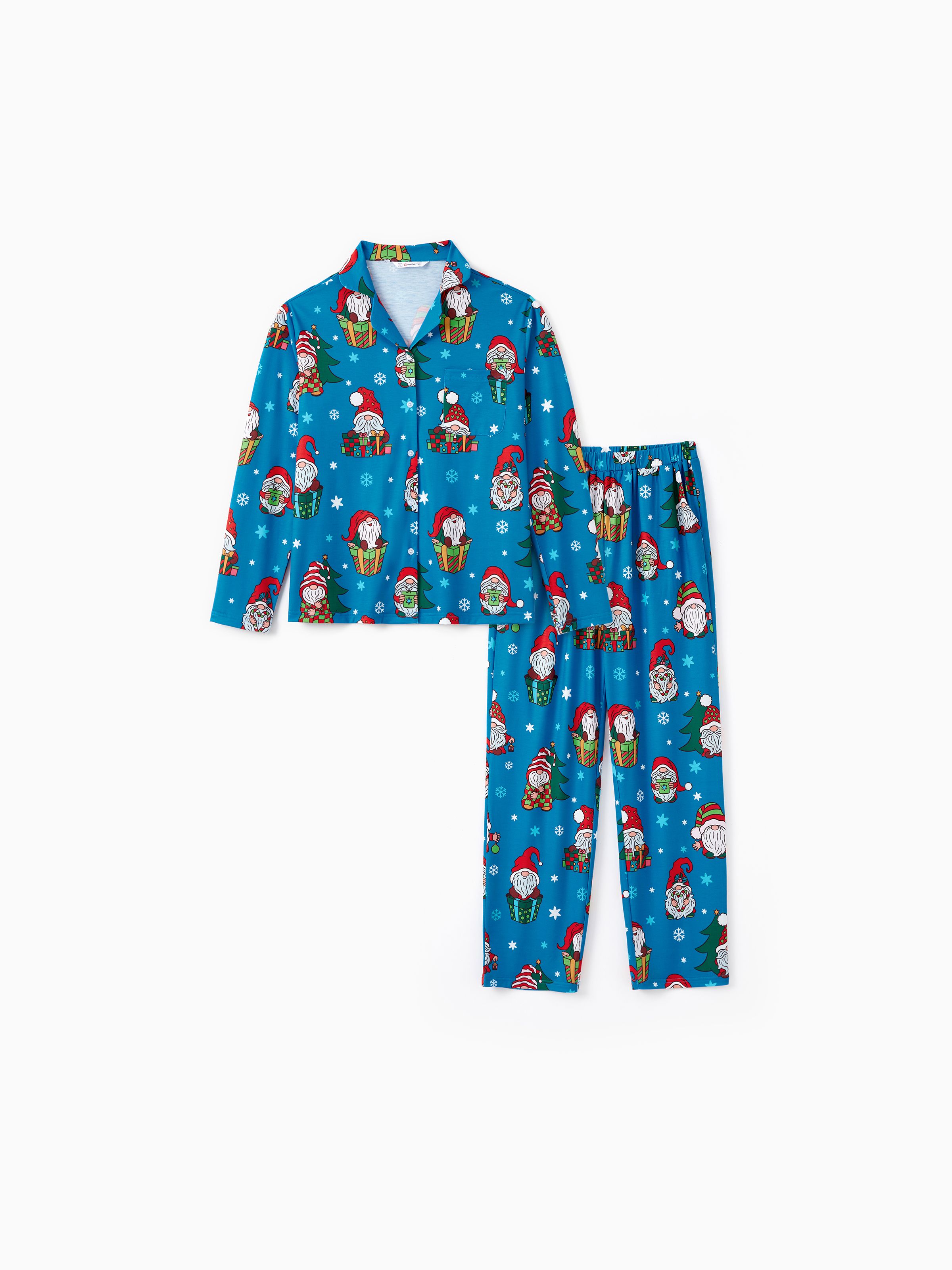 

Christmas Family Matching Blue Allover Gnome Pattern Button Lapel Pajamas Sets with Pockets ( Flame Resistant )