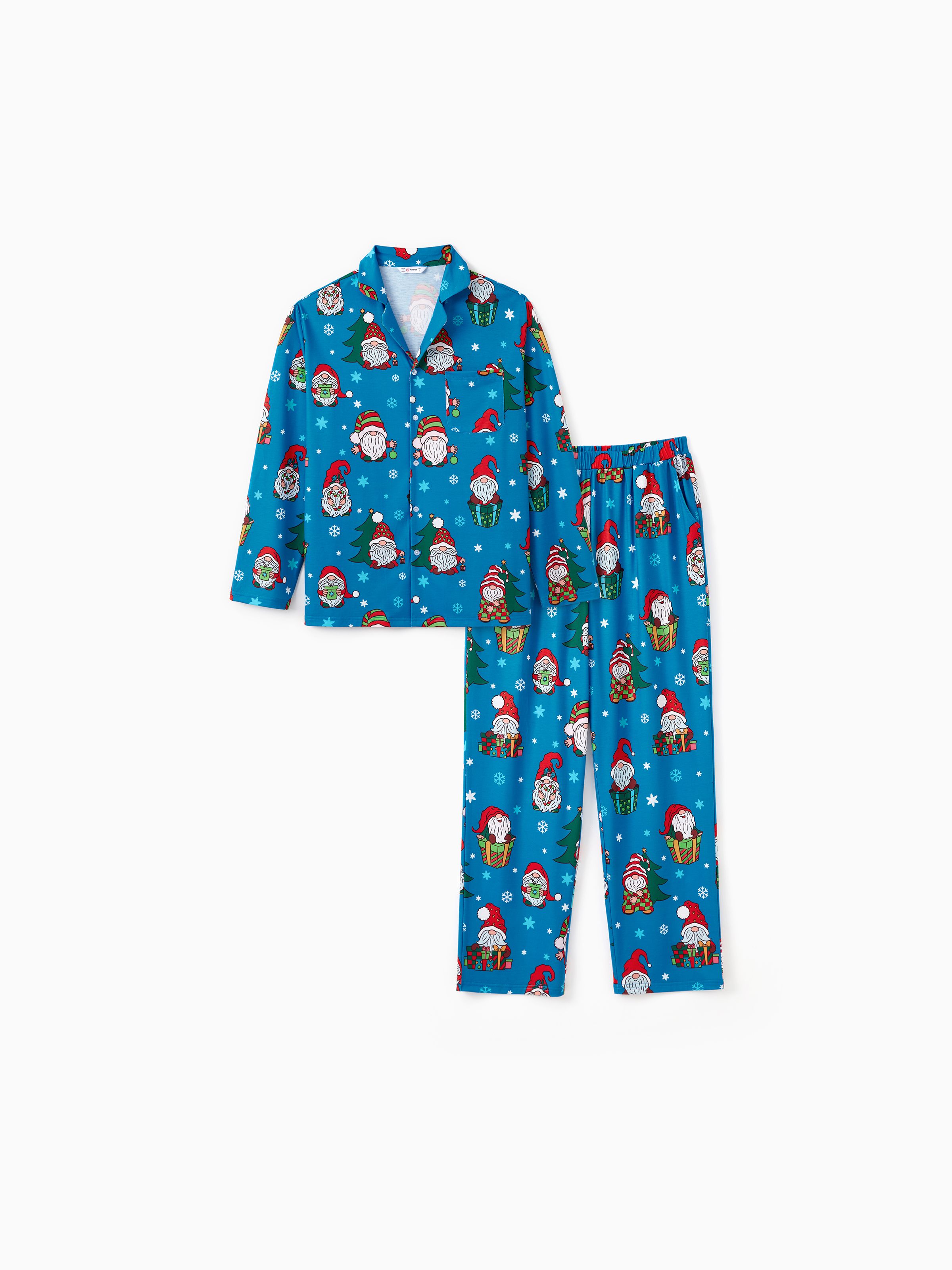 

Christmas Family Matching Blue Allover Gnome Pattern Button Lapel Pajamas Sets with Pockets ( Flame Resistant )