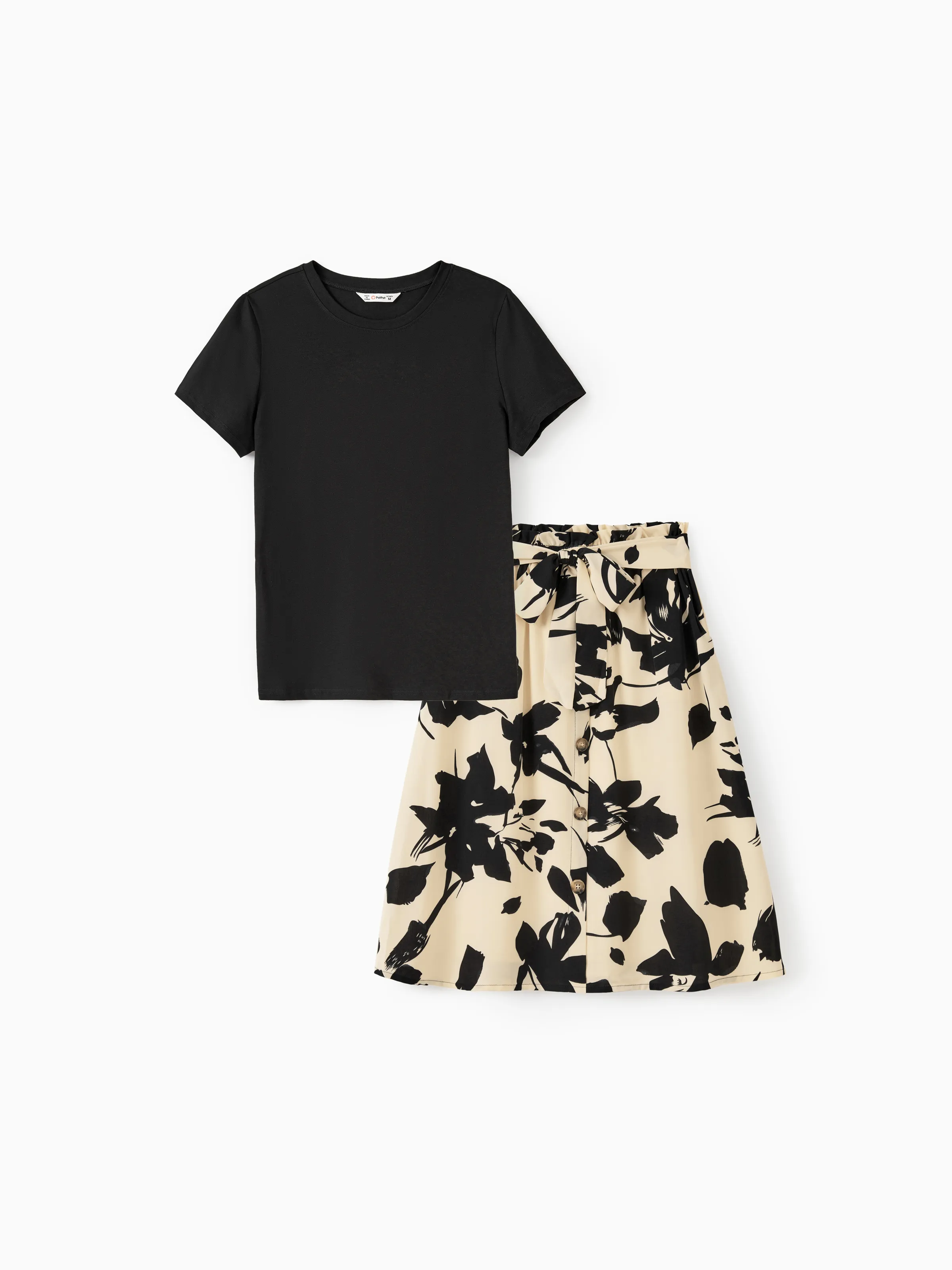 

Family Matching Sets Allover Floral Shirt or Black Tee Plus Elastic Waist Floral Skirt Co-ord Set