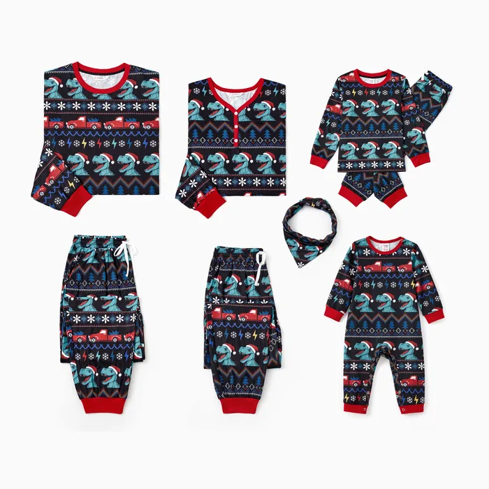 Christmas Family Matching Allover Dinosaur Pattern Pajama Sets with Pockets and Drawstring ( Flame Resistant )