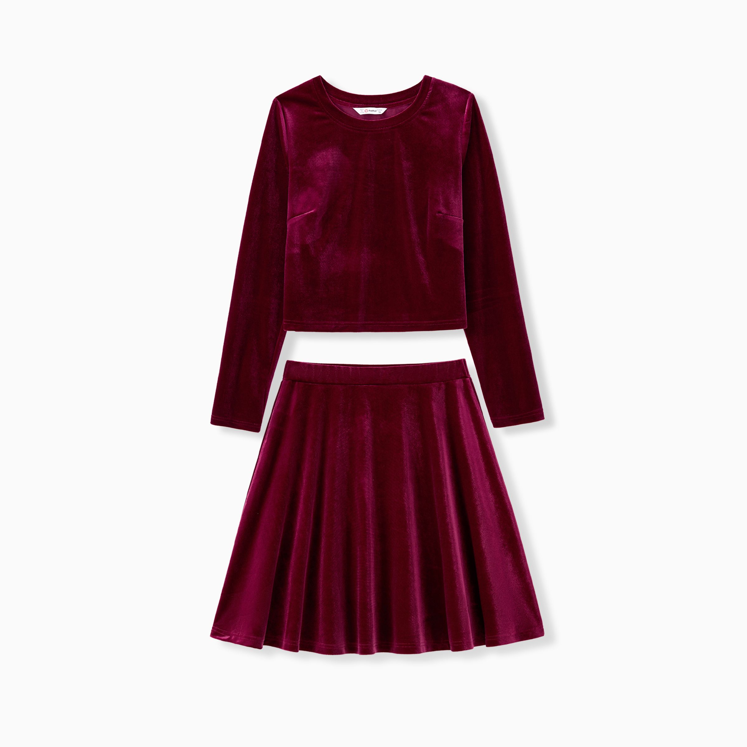 

Mommy and Me Red Velvet Long Sleeves Crop Top Pleated Skirt Co-ord Set