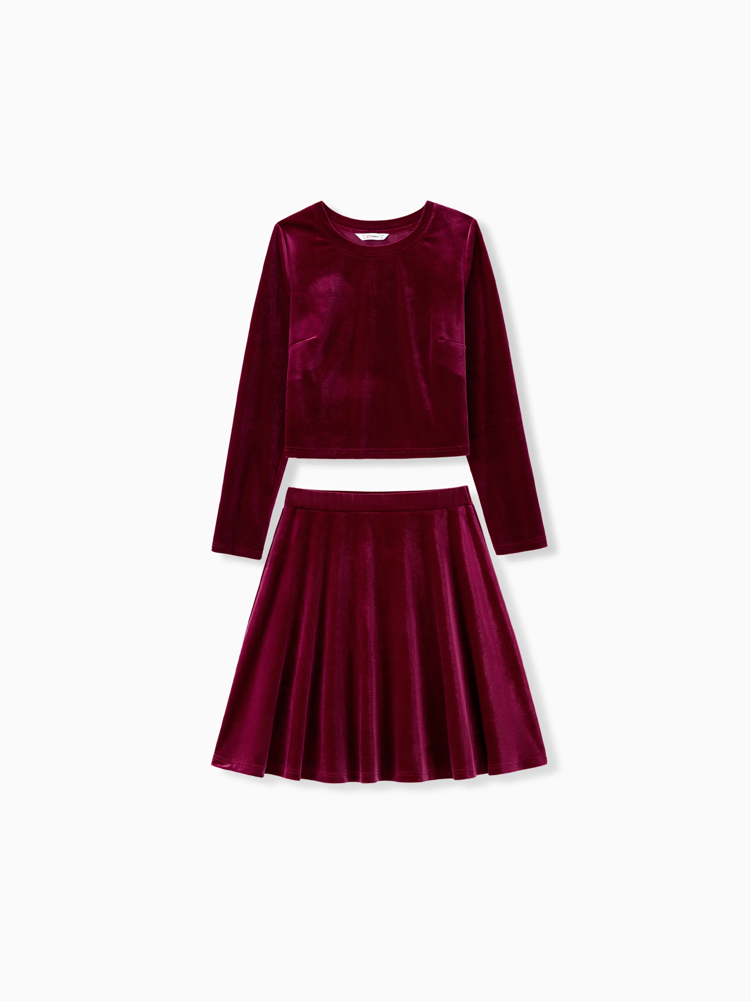 

Mommy and Me Red Velvet Long Sleeves Crop Top Pleated Skirt Co-ord Set