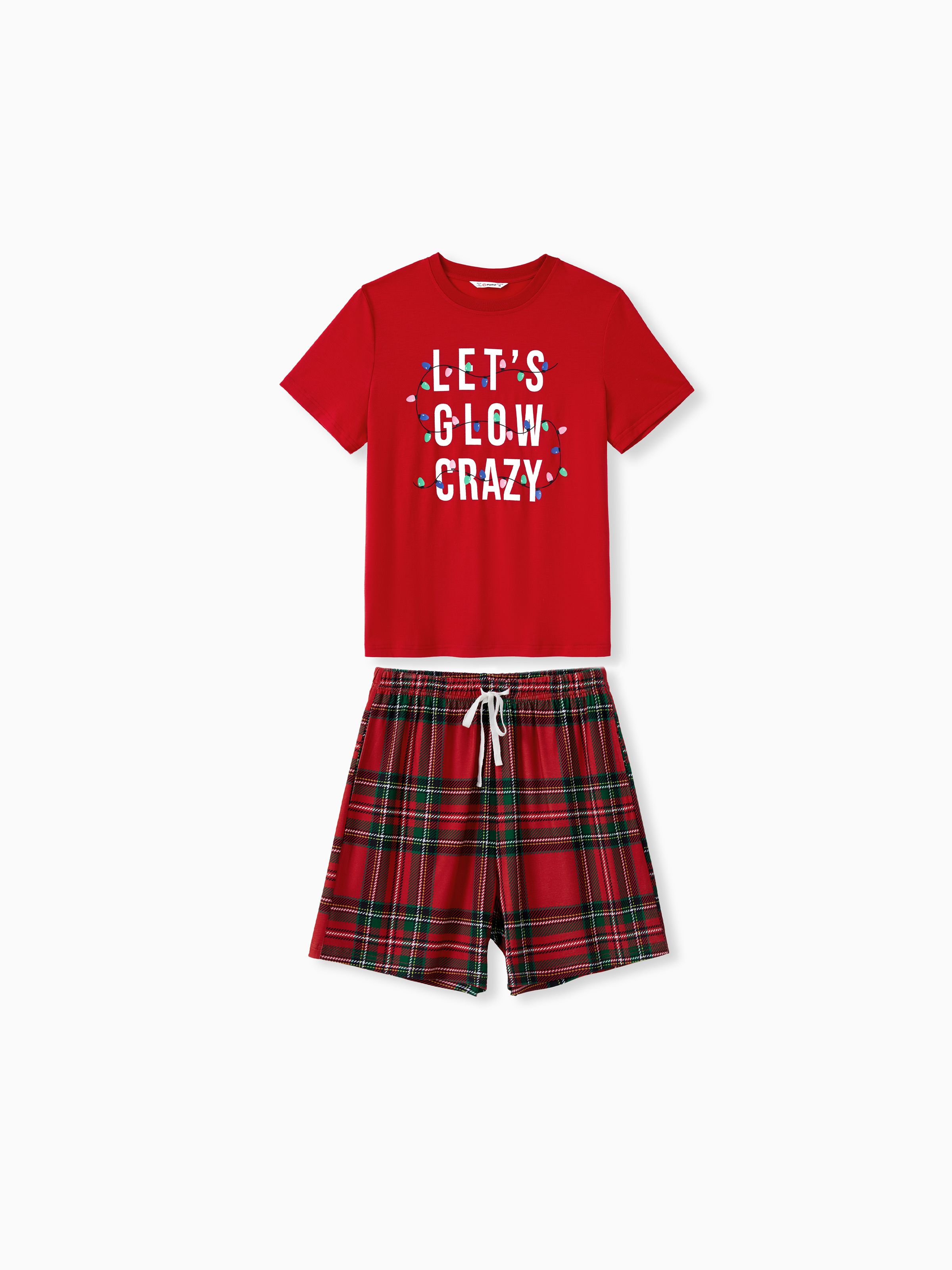 

Christmas Family Short Sleeves Glow in the Dark Plaid Christmas Light Plaid Shorts Pajamas Sets with Drawstring and Pockets