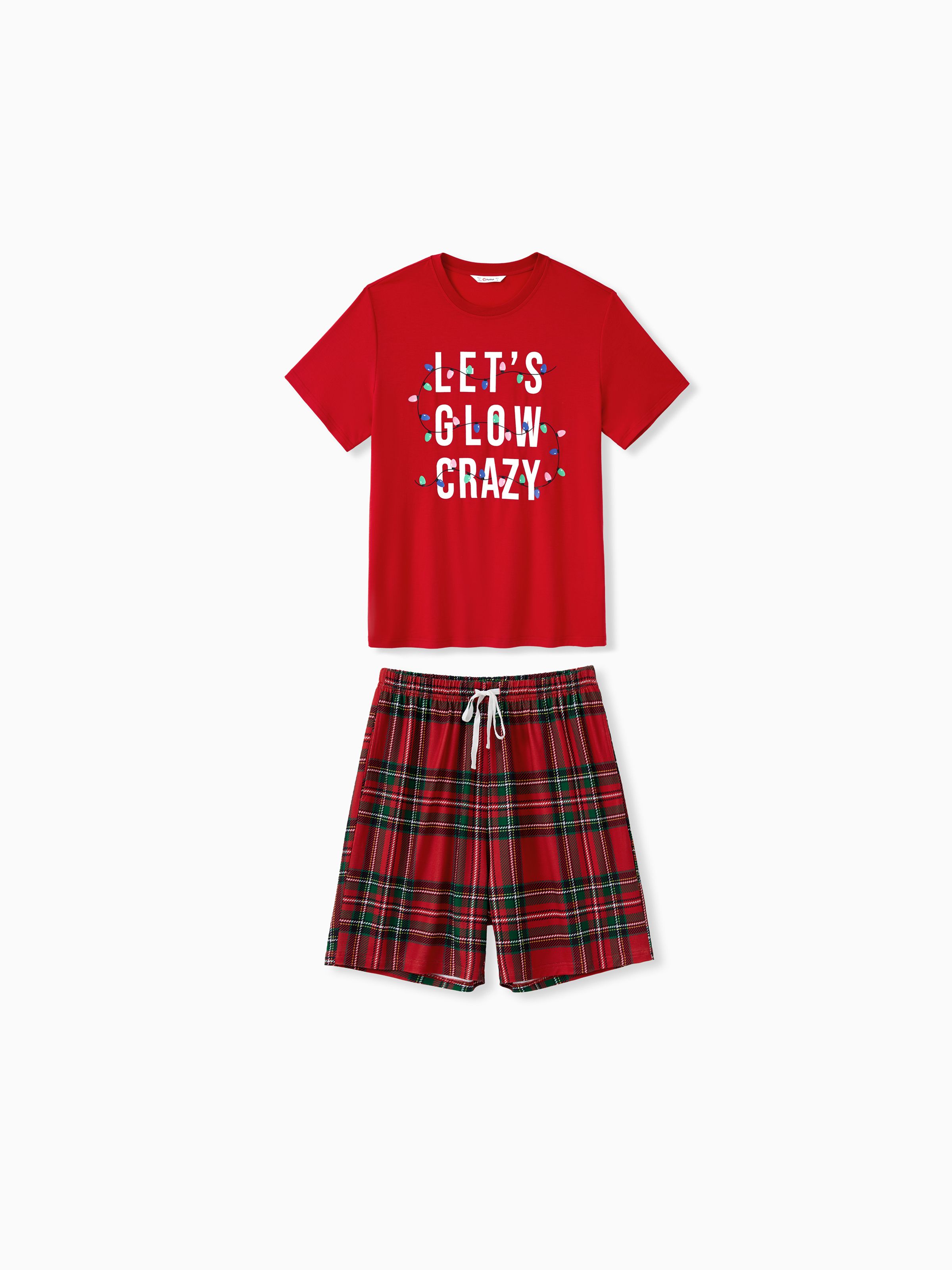 

Christmas Family Short Sleeves Glow in the Dark Plaid Christmas Light Plaid Shorts Pajamas Sets with Drawstring and Pockets