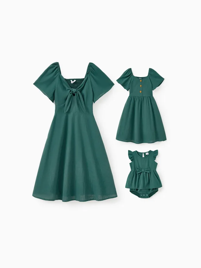 Mommy and Me 100% Cotton Muslin Green Shirred Back Twist Knot Flutter Sleeves Dress